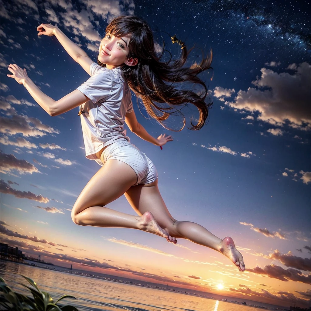 ((ExtremelyDetailed ( KAWAII Girl Floating in the Air:1.37) in WHITE at Dusk Enoshima Beach)), (masterpiece 8K TopQuality) (ProfessionalPhoto:1.37), {(Standing Full Body:1.2)|(from below:1.2)}, Different types of hair colors, {(White skinny(School Swimwear))|(SchoolUniform) with AthleticShorts}, {Correctd Childish hand|Hidden hand|Armpit|Different types of breasts|(Clearly Visible the shape of Butt)}, Joyful Expressions LifeLike Rendering, PerfectLighting, Dazzling Horizon {Colorful Clouds | Starry IridescentParticles} VolumetricLighting (Acutance:0.8) BREAK (extra Right arm:-1.4) (Extra Right hand:-1.37) (no Shoes)
