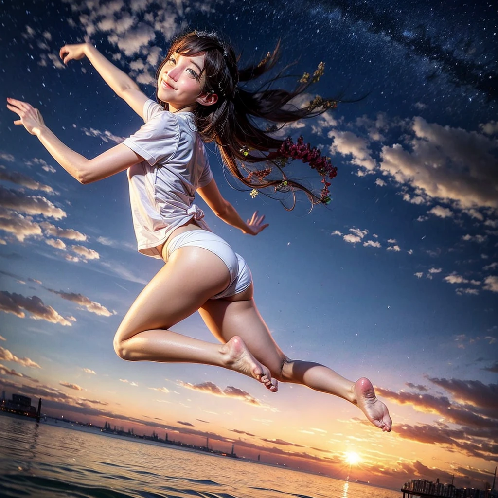 ((ExtremelyDetailed ( KAWAII Girl Floating in the Air:1.37) in WHITE at Dusk Enoshima Beach)), (masterpiece 8K TopQuality) (ProfessionalPhoto:1.37), {(Standing Full Body:1.2)|(from below:1.2)}, Different types of hair colors, {(White skinny(School Swimwear))|(SchoolUniform) with AthleticShorts}, {Correctd Childish hand|Hidden hand|Armpit|Different types of breasts|(Clearly Visible the shape of Butt)}, Joyful Expressions LifeLike Rendering, PerfectLighting, Dazzling Horizon {Colorful Clouds | Starry IridescentParticles} VolumetricLighting (Acutance:0.8) BREAK (extra Right arm:-1.4) (Extra Right hand:-1.37) (no Shoes)