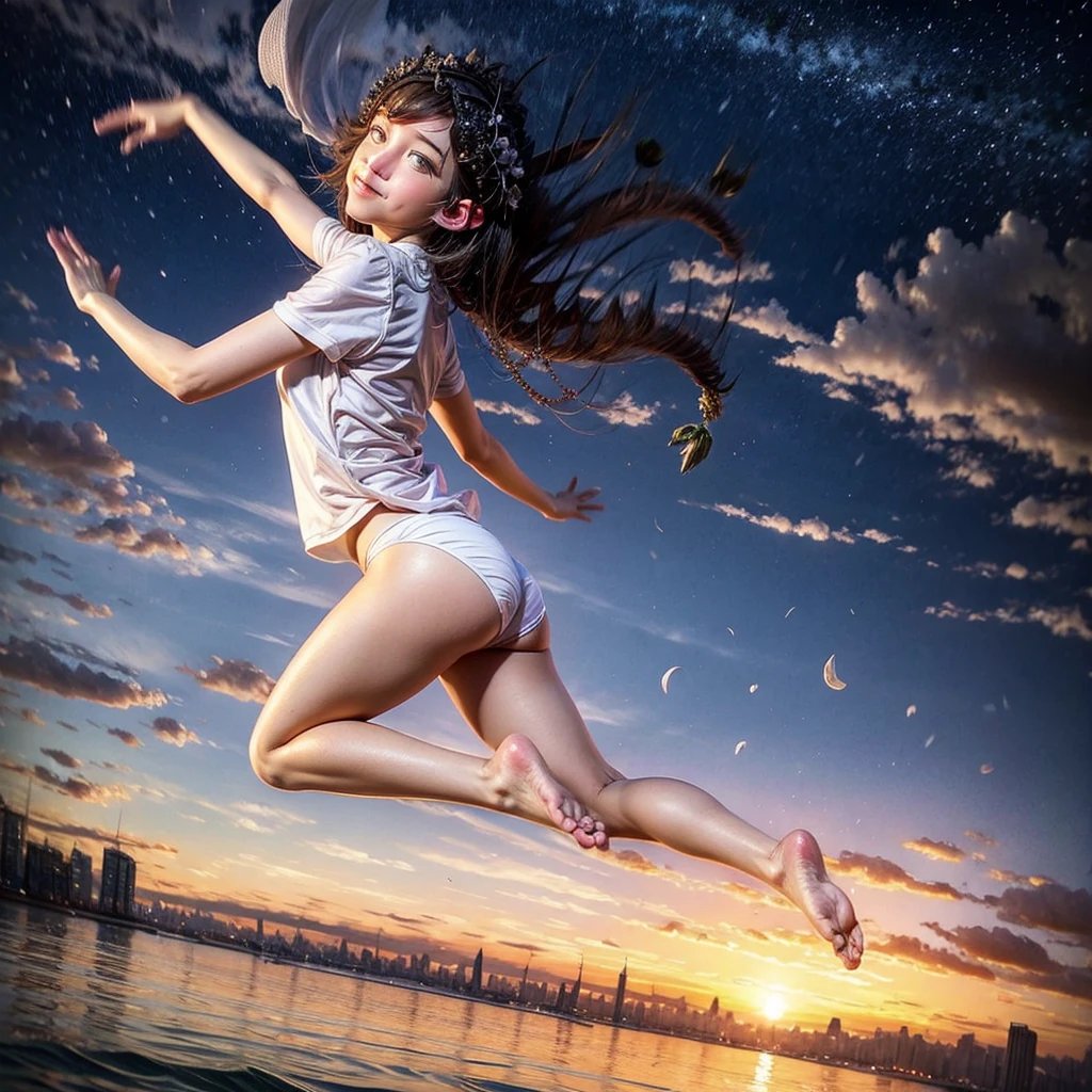 ((ExtremelyDetailed ( KAWAII Girl Floating in the Air:1.37) in WHITE at Dusk Enoshima Beach)), (masterpiece 8K TopQuality) (ProfessionalPhoto:1.37), {(Standing Full Body:1.2)|(from below:1.2)}, Different types of hair colors, {(White skinny(School Swimwear))|(SchoolUniform) with AthleticShorts}, {Correctd Childish hand|Hidden hand|Armpit|Different types of breasts|(Clearly Visible the shape of Butt)}, Joyful Expressions LifeLike Rendering, PerfectLighting, Dazzling Horizon {Colorful Clouds | Starry IridescentParticles} VolumetricLighting (Acutance:0.8) BREAK (extra Right arm:-1.4) (Extra Right hand:-1.37) (no Shoes)