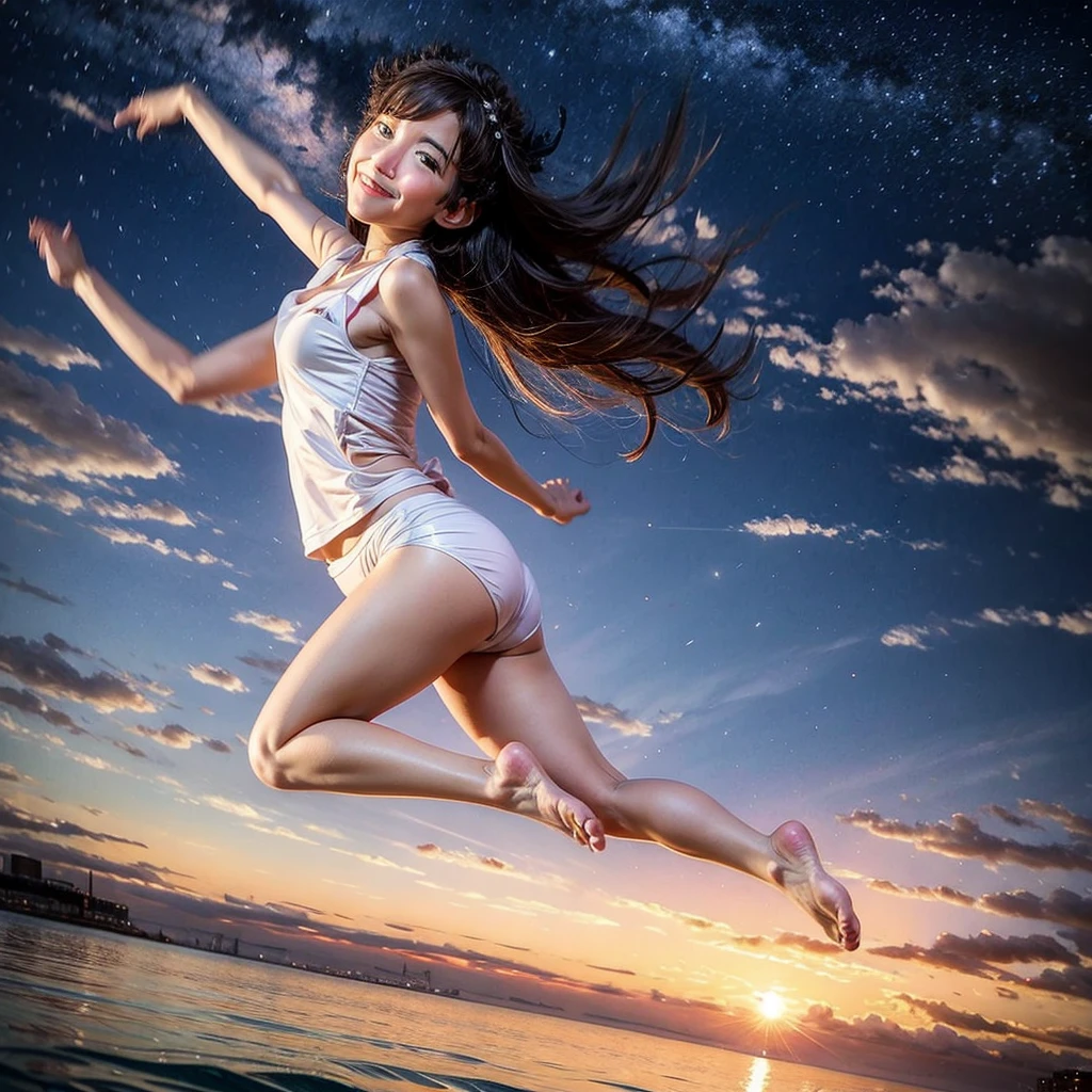 ((ExtremelyDetailed ( KAWAII Girl Floating in the Air:1.37) in WHITE at Dusk Enoshima Beach)), (masterpiece 8K TopQuality) (ProfessionalPhoto:1.37), {(Standing Full Body:1.2)|(from below:1.2)}, Different types of hair colors, {(White skinny(School Swimwear))|(SchoolUniform) with AthleticShorts}, {Correctd Childish hand|Hidden hand|Armpit|Different types of breasts|(Clearly Visible the shape of Butt)}, Joyful Expressions LifeLike Rendering, PerfectLighting, Dazzling Horizon {Colorful Clouds | Starry IridescentParticles} VolumetricLighting (Acutance:0.8) BREAK (extra Right arm:-1.4) (Extra Right hand:-1.37) (no Shoes)