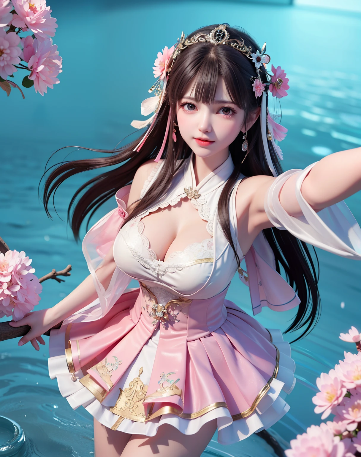 (8k, RAW photo:1.2), best quality, ultra high res,dramatic angle,(fluttered detailed color splashs), (illustration),(((1 girl))),(long hair),(rain:0.9), (Headdress:1.4),There is an ancient palace beside the girl,Hanfu,(Key Points),Color ink painting,(Splash of Color),Splash of Color,(((colorful))),(sketch:0.8) , Masterpiece, best quality, beautiful painted, highly detailed,(denoising:0.6),[splash ink],((ink refraction)), (beautiful detailed sky),moon,highly,detaild,(masterpiece, best quality, extremely detailed） CG Unity 8k Wallpaper，masterpiece，best quality，Ultra Detailed），（Lycoris）.shoulder ballet dress open V-chested clothes Thin silk lace dress short skirt , (huge ，cleavage),, white pink, blue ，best qualtiy，tmasterpiece，Ultra-high resolution，（Reality：1.4），RAW photogr，（True skin texture：1.3），（filmgrain：1.3），（Selfie angle），1个Giant Breast Girl，Beautiful eye and face details，tmasterpiece，Best quality at best，，The chest more exposed， detailed hair, bra pink , detail 8k, full body, lace petticoat