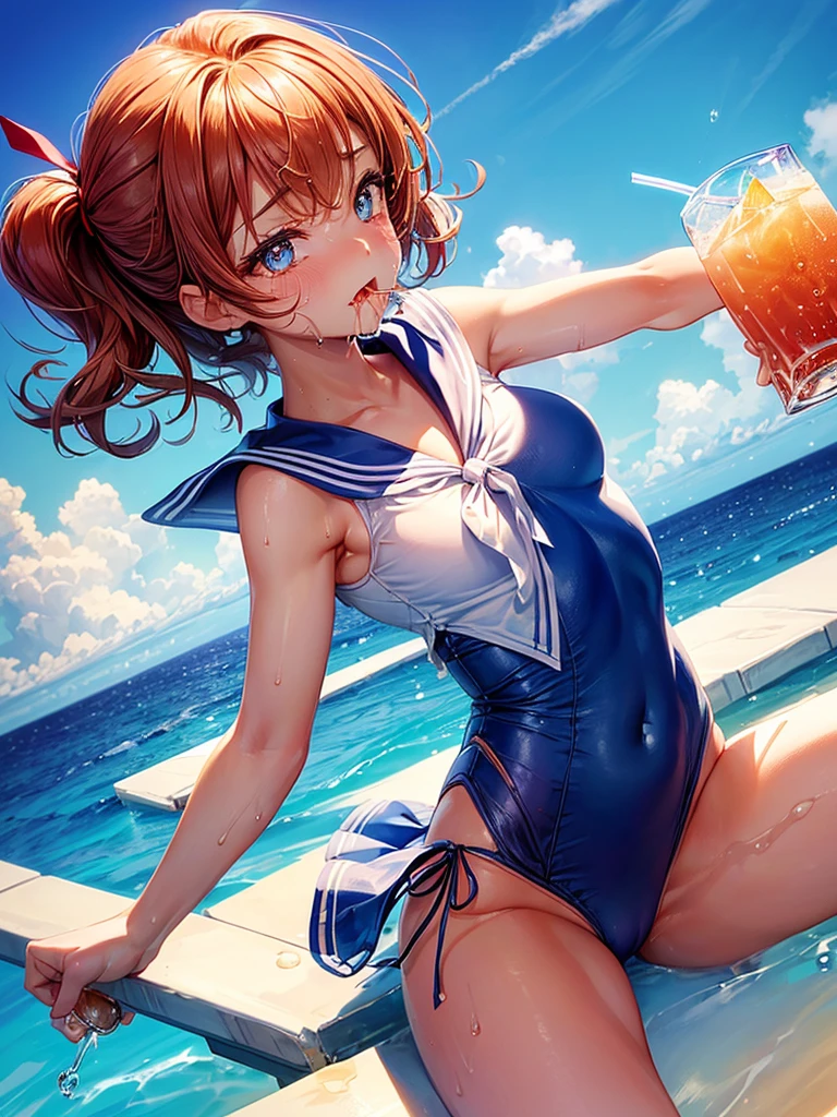 Highest quality,Highest Resolution,Sailor leotard(((２People and above)))A beautiful girl with a crying face,High leg,(((Ｔback))),Very beautiful eyes,Competition Pool,(((Holding a drink in your hand))),(((Open your mouth))),(((Dripping saliva))),sunny,blue sky,sweat profusely,Red tie,whole body,