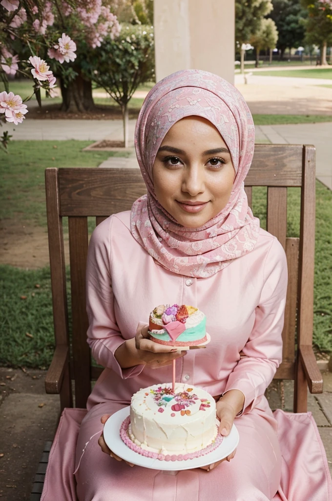 expand_moreedit
a painting photography, A beautiful woman turkey wearing hijab pink, Bring a birthday cake, Cake text , make sure "HBD to me", she's pose happily, she's sitting at Park new Zealand there are a lot of flower around her with beautiful view