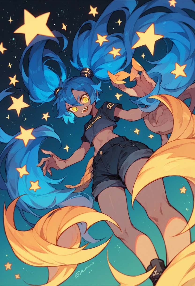 (One person,Very tall woman,Dark navy blue hair,Her hairstyle is twin tails that expose her forehead.,Medium chest,yellow eyes,Sharp Eye,Black Techwear,Shorts,Dynamic Angle,The background is a starry night)