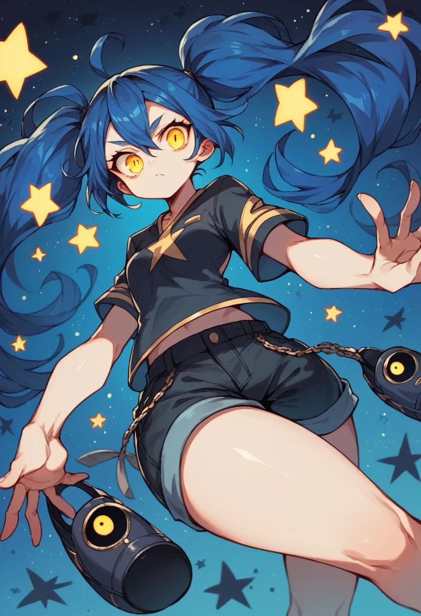 (One person,Very tall woman,Dark navy blue hair,Her hairstyle is twin tails that expose her forehead.,Medium chest,yellow eyes,Sharp Eye,Black Techwear,Shorts,Dynamic Angle,The background is a starry night)
