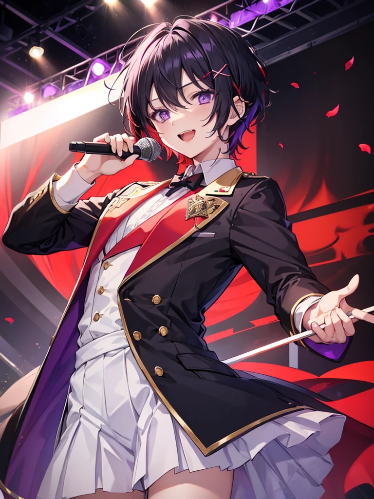 1boy, black hair, beautiful boy, ((purple eyes)), ((idol costume)), white skirt, red shirt, laugh, microphone, ((red hairpin)), medium straight hair