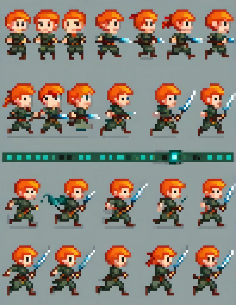 Create a sprite sheet for character animations that includes frames for movement, running, jumping, sword attack, spear attack, and bow attack.