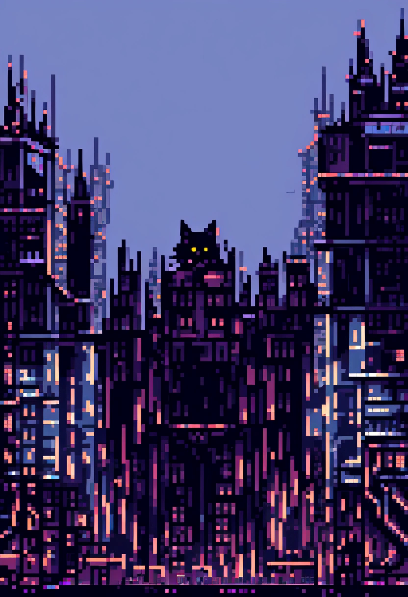 A black cat with a shiny background, Detailed landscape, City of night, Night City, cyber punk, Devastation, Huge beautiful structure, City lights, Entirely in pixel art,