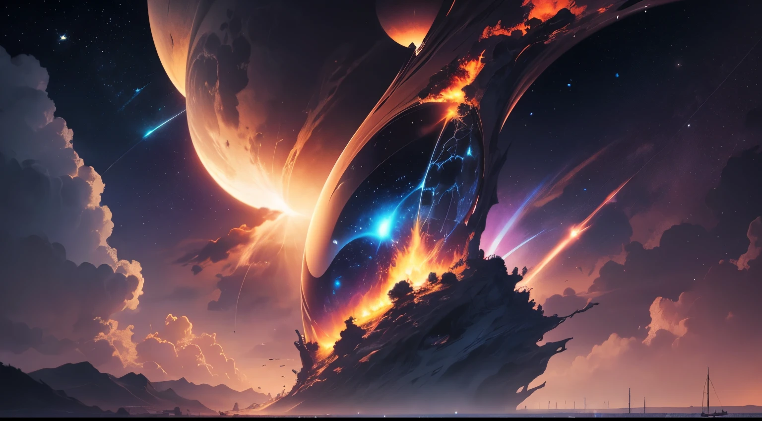 Anime Poster, Starry Sky, dark vignette, Many constellations, High resolution, The Earth appears on the right, Bright blue, Mysterious atmosphere.
