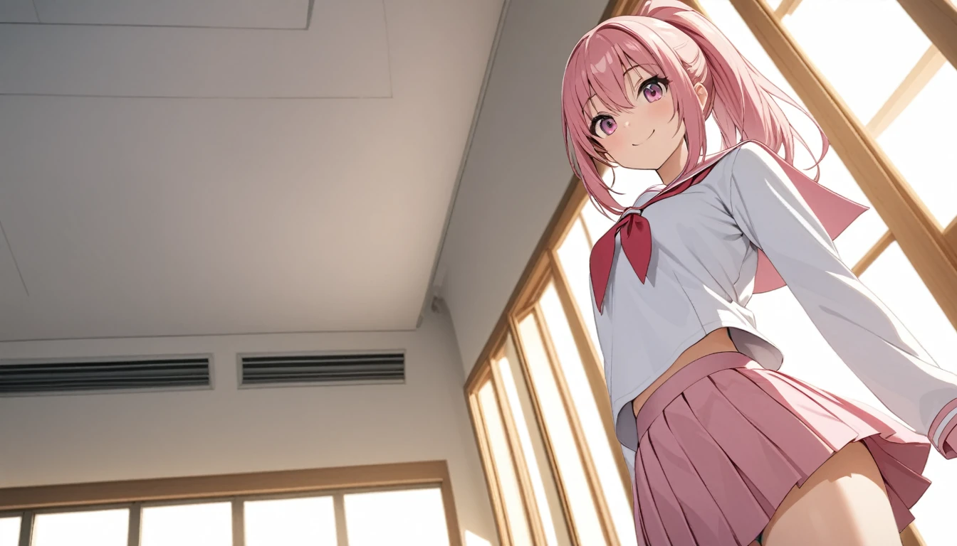 photo of sexy 1girl, ponytail,tall,leggy,smile,standing in neat rows,in the school gymnasium, wearing pink (basic school sailor uniform), long sleeve, pink sailor collar, shiny red tie pleated_pink_mini_skirt,pink short socks, beautiful pink eyes, shiny pink hair,full body shot, closeup shot, from front, from below, dutch angle shot, wide view,