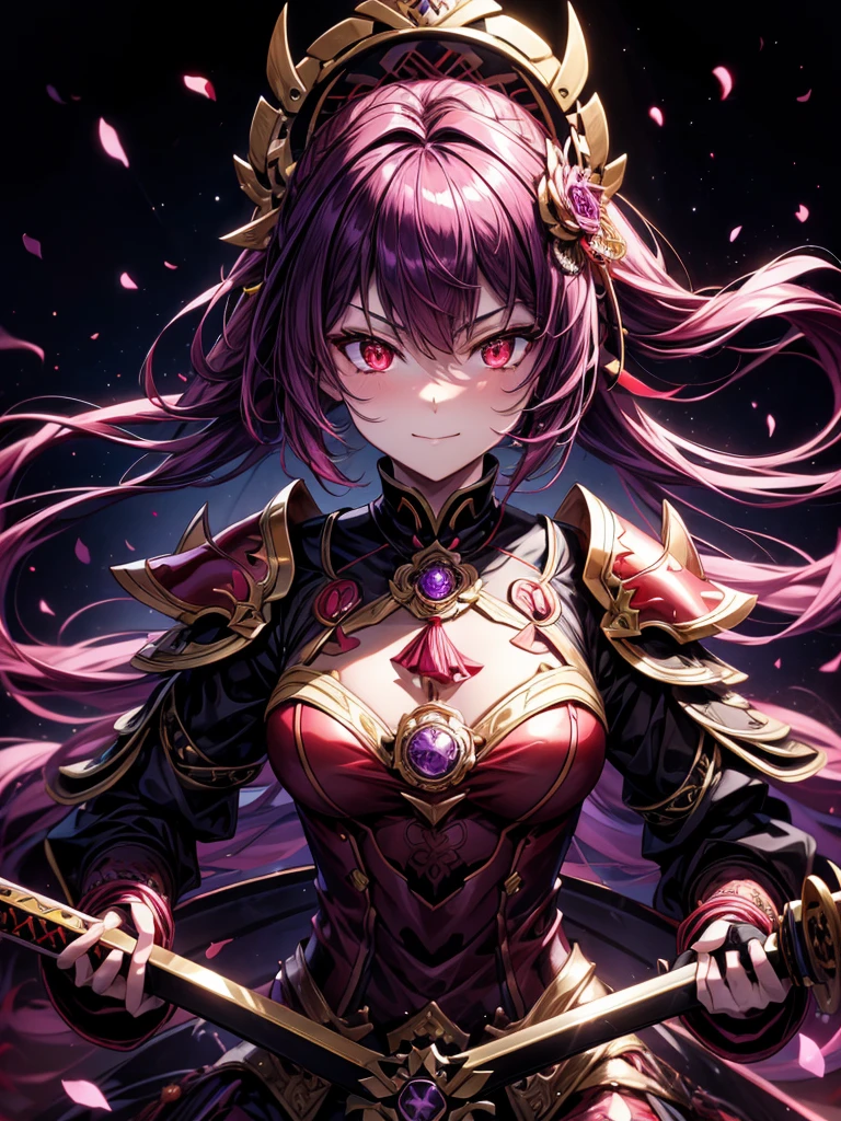 best quality,4K,high resolution),Ultradetailliert,realistisch,portrait, Lila Samurai Sukkubus mit einen katana dunkelrotem Haar, a purple-dark red armor with gold neon lights with gold trim and glowing red eyes, Leuchtende Farben, delicate features, seductive glance, Charming smile, wallende Haare, sanfte Beleuchtung