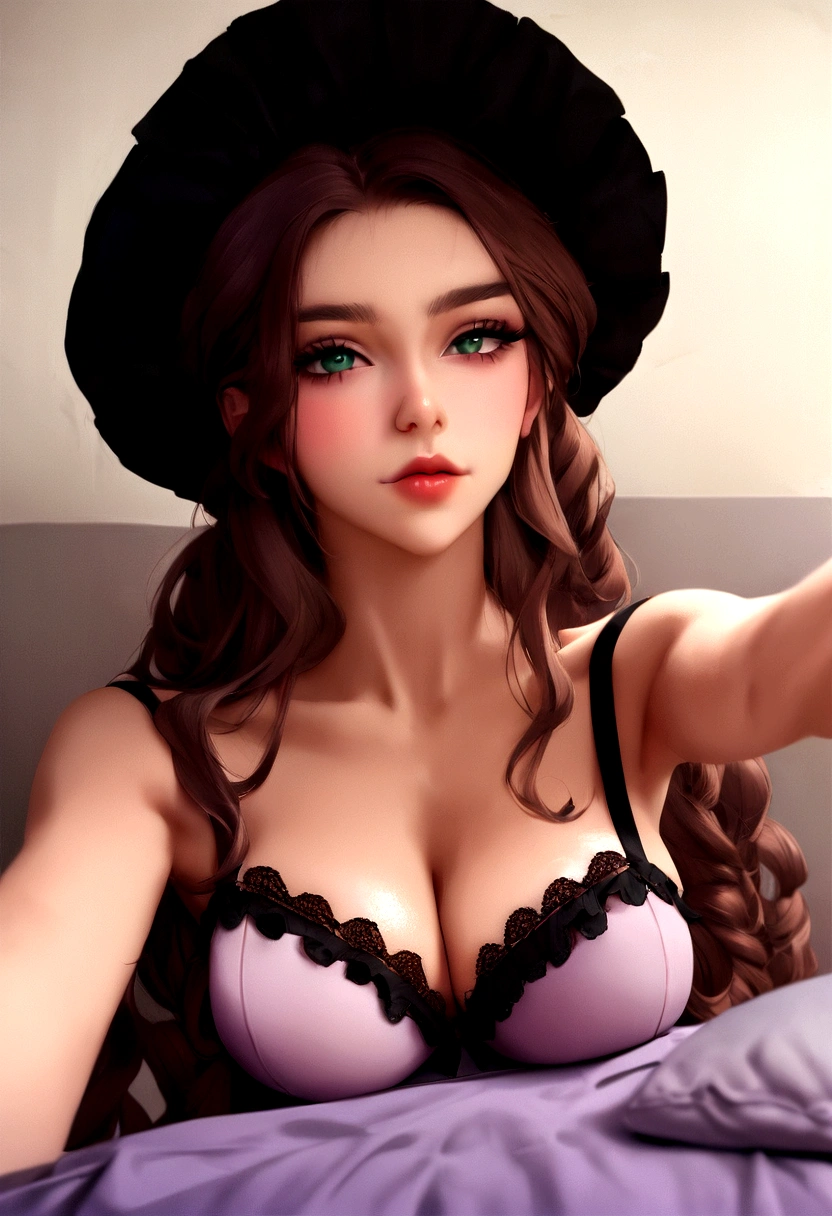 Femme Arafed complètement , fille sexy aux yeux bruns, ultra réaliste, Méticuleusement détaillé, portrait sophie mudd, cheveux bruns et grands yeux, selfie d'une jeune femme, sur le canapé, violette myers, sans maquillage, Maquillage naturel, regarder directement la caméra, Visage avec Artgram, Maquillage subtil, Superbe photo de tout le corps agenouillé sur le lit, dans la chambre, gros seins en bonnet C. NU