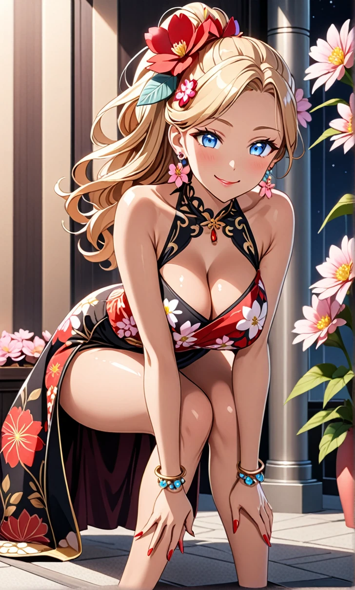 ultra-detailed, ((one girl)), (tan skin improved:1.4),(tanlines:1.3), (sweat skin), (heavy makeup:1.3), hyper detailed, absurdres, 8K, Beautiful Face, (Laugh shyly), ((teasing smile:1.8)),((Wink:1.7)), (Laugh with your mouth wide open),((Tilt your head:1.6)), View your viewers, ((Bright red cheeks:1.6)),Glossy Red Lips, ((Big Breasts:1.5)), ((show off breast:1.4)), ((nipples)), ((Fold your arms under your chest:1.3)), night, An observation deck overlooking the sea, (Brighten your face), ((Anime style background)),masterpiece, Highest quality, so beautiful,Latest, Complex details, (Pink long nails), (nail art), (ring),(bracelet), (Floral Choker),AI-generated, Complex,High resolution, Highest quality, super high quality,3D Images、3D Images,One person,Yellow long hair,(High Ponytail), (wavy hair:1.3), Anime woman posing for a photo, ((Fine grain、blue eyes、glowing eyes:1.4)), (Squint your eyes:1.1),a hyperRealistic , hyperRealistic , Realistic,Anime woman with long yellow hair, Smooth anime CG art, A girl in a gorgeous pastel-colored kimono, ((undressing)), ((Pastel-colored furisode)),(Pink large floral pattern) ,Long flower hair ornament,Floral Earrings,Mature Body, tall,Narrow waist,(sit), ((leaning forward:1.4)),(hands on knees), (front view),