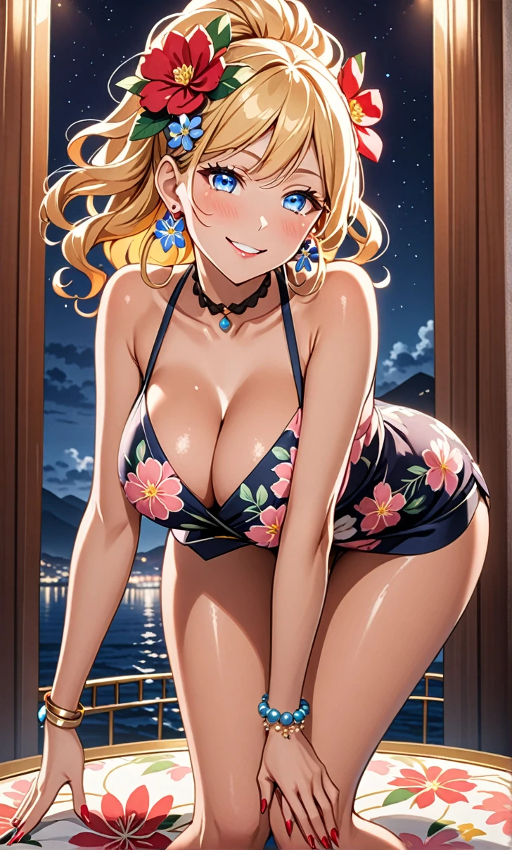 ultra-detailed, ((one girl)), (tan skin improved:1.4),(tanlines:1.3), (sweat skin), (heavy makeup:1.3), hyper detailed, absurdres, 8K, Beautiful Face, (Laugh shyly), ((teasing smile:1.8)),((Wink:1.7)), (Laugh with your mouth wide open),((Tilt your head:1.6)), View your viewers, ((Bright red cheeks:1.6)),Glossy Red Lips, ((Big Breasts:1.5)), ((show off breast:1.4)), ((nipples)), ((Fold your arms under your chest:1.3)), night, An observation deck overlooking the sea, (Brighten your face), ((Anime style background)),masterpiece, Highest quality, so beautiful,Latest, Complex details, (Pink long nails), (nail art), (ring),(bracelet), (Floral Choker),AI-generated, Complex,High resolution, Highest quality, super high quality,3D Images、3D Images,One person,Yellow long hair,(High Ponytail), (wavy hair:1.3), Anime woman posing for a photo, ((Fine grain、blue eyes、glowing eyes:1.4)), (Squint your eyes:1.1),a hyperRealistic , hyperRealistic , Realistic,Anime woman with long yellow hair, Smooth anime CG art, A girl in a gorgeous pastel-colored kimono, ((undressing)), ((Pastel-colored furisode)),(Pink large floral pattern) ,Long flower hair ornament,Floral Earrings,Mature Body, tall,Narrow waist,(sit), ((leaning forward:1.4)),(hands on knees), (front view),