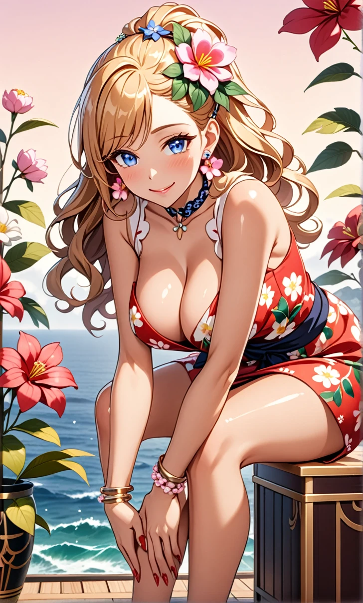 ultra-detailed, ((one girl)), (tan skin improved:1.4),(tanlines:1.3), (sweat skin), (heavy makeup:1.3), hyper detailed, absurdres, 8K, Beautiful Face, (Laugh shyly), ((teasing smile:1.8)),((Wink:1.7)), (Laugh with your mouth wide open),((Tilt your head:1.6)), View your viewers, ((Bright red cheeks:1.6)),Glossy Red Lips, ((Big Breasts:1.5)), ((show off breast:1.4)), ((nipples)), ((Fold your arms under your chest:1.3)), night, An observation deck overlooking the sea, (Brighten your face), ((Anime style background)),masterpiece, Highest quality, so beautiful,Latest, Complex details, (Pink long nails), (nail art), (ring),(bracelet), (Floral Choker),AI-generated, Complex,High resolution, Highest quality, super high quality,3D Images、3D Images,One person,Yellow long hair,(High Ponytail), (wavy hair:1.3), Anime woman posing for a photo, ((Fine grain、blue eyes、glowing eyes:1.4)), (Squint your eyes:1.1),a hyperRealistic , hyperRealistic , Realistic,Anime woman with long yellow hair, Smooth anime CG art, A girl in a gorgeous pastel-colored kimono, ((undressing)), ((Pastel-colored furisode)),(Pink large floral pattern) ,Long flower hair ornament,Floral Earrings,Mature Body, tall,Narrow waist,(sit), ((leaning forward:1.4)),(hands on knees), (front view),