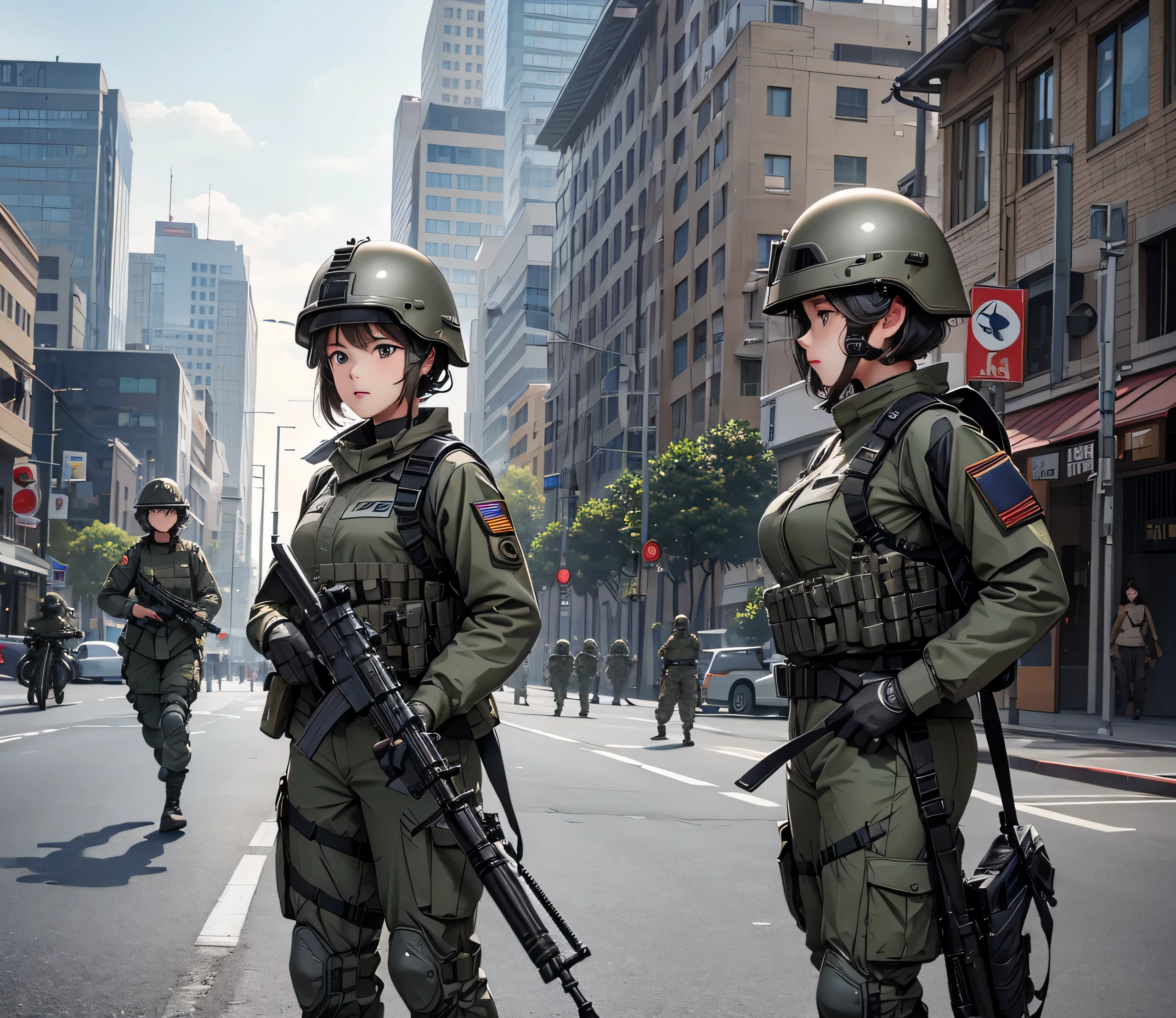 A group of female soldiers all wearing gray M-51 uniforms、Full helmet、Military Pants、In front of the building、Write details、masterpiece、best quality、Highly detailed CG、8K picture quality
