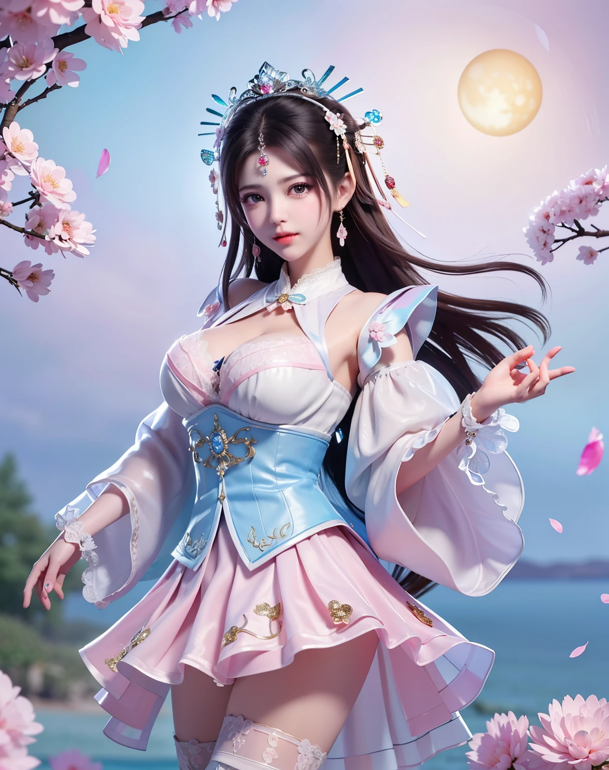 (8k, RAW photo:1.2), best quality, ultra high res,dramatic angle,(fluttered detailed color splashs), (illustration),(((1 girl))),(long hair),(rain:0.9), (Headdress:1.4),There is an ancient palace beside the girl,Hanfu,(Key Points),Color ink painting,(Splash of Color),Splash of Color,(((colorful))),(sketch:0.8) , Masterpiece, best quality, beautiful painted, highly detailed,(denoising:0.6),[splash ink],((ink refraction)), (beautiful detailed sky),moon,highly,detaild,(masterpiece, best quality, extremely detailed） CG Unity 8k Wallpaper，masterpiece，best quality，Ultra Detailed），（Lycoris）.shoulder ballet dress open V-chested clothes Thin silk lace dress short skirt , (huge ，cleavage),, white pink, blue ，best qualtiy，tmasterpiece，Ultra-high resolution，（Reality：1.4），RAW photogr，（True skin texture：1.3），（filmgrain：1.3），（Selfie angle），1个Giant Breast Girl，Beautiful eye and face details，tmasterpiece，Best quality at best，，The chest more exposed， detailed hair, bra pink , detail 8k, full body, lace petticoat