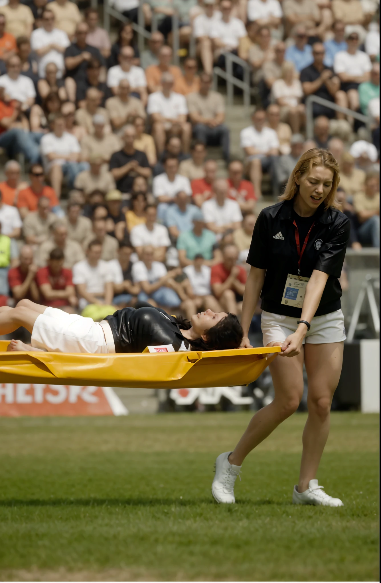 a blond woman is carrying a astretcher on a soccer field, there is a male soccer player in short sportswear lying injured on a stretcher, there is an injured sportsman who is covering his face on a stretcher, an injured sportsman is covering his face with his hands, an injured sportsman is writhing ecstatic in pain on a stretcher, dramatic pity pose, there is a very female woman in a high-shine coat, a high-shine black wetlook coat, a long shiny coat, a wetlook glossy coat, a wet black laquered coat, a very female looking wife is wearing a wetlook coat, injured, medic, soccer action pose, affection pose, lecherous action pose, dramatic action pose, theatralic pose, there is an attractive woman that is carrying a suffering man on a stretcher, there is a beautiful woman in a shiny coat who is carrying a blond man on a wet orange stretcher, a longhaired beautiful woman in a high-shine coat, a longhaired woman in a shiny downcoat, a woman is carrying a stretcher with a shorthaired man who is wearing shorts and a t-shirt, a weak man in spots shorts is consciousless and needs to be carried on a wetlook pvc stretcher, a shorthaired man with closed eyes is carried on a stretcher by a longhaired woman, a woman looks very scared and terrified, a consciousless man with closed eyes is suffering very much and has a very painful face, photo, photo shoot, photographed , accident, help, aid, first aid, pity