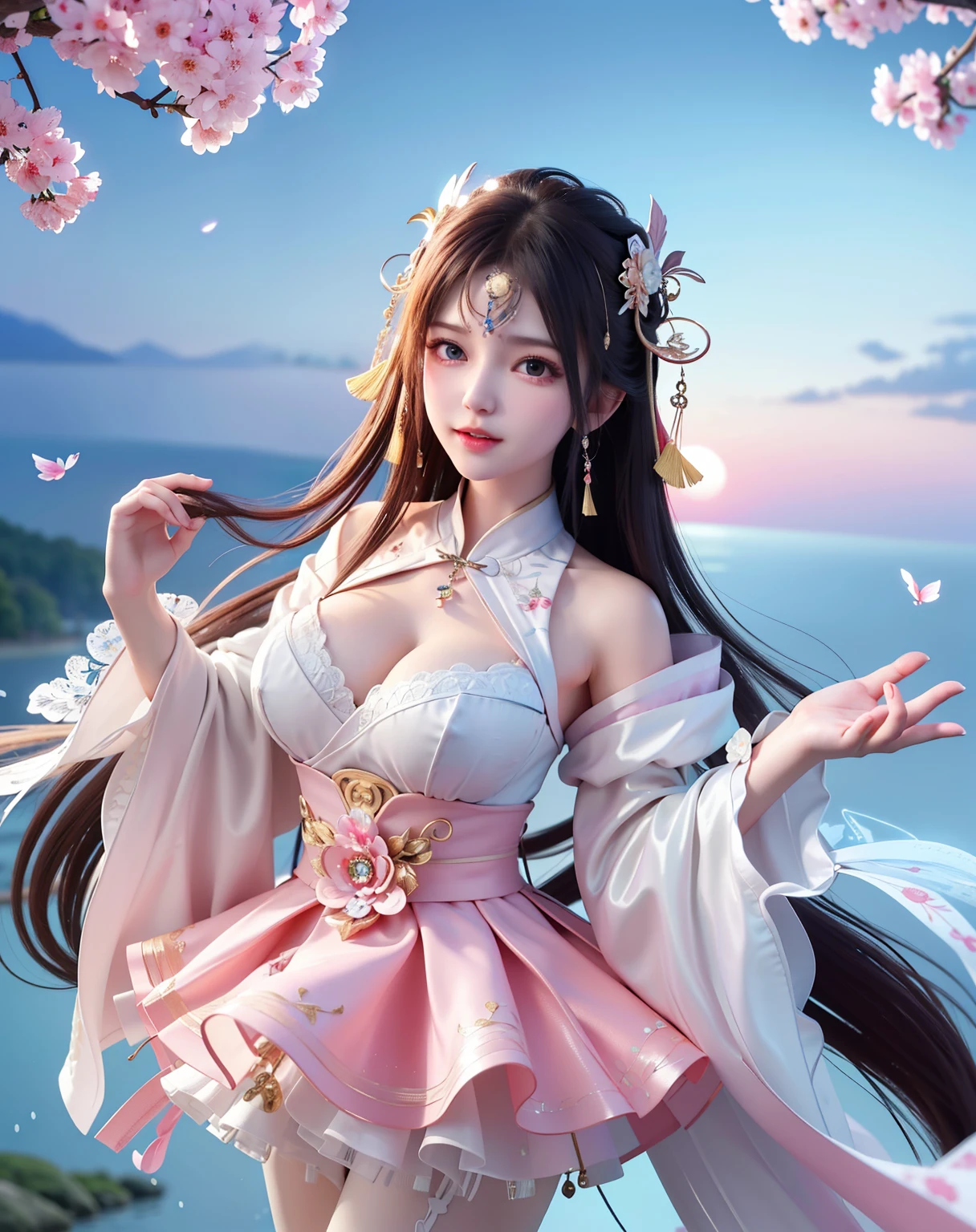 (8k, RAW photo:1.2), best quality, ultra high res,dramatic angle,(fluttered detailed color splashs), (illustration),(((1 girl))),(long hair),(rain:0.9), (Headdress:1.4),There is an ancient palace beside the girl,Hanfu,(Key Points),Color ink painting,(Splash of Color),Splash of Color,(((colorful))),(sketch:0.8) , Masterpiece, best quality, beautiful painted, highly detailed,(denoising:0.6),[splash ink],((ink refraction)), (beautiful detailed sky),moon,highly,detaild,(masterpiece, best quality, extremely detailed） CG Unity 8k Wallpaper，masterpiece，best quality，Ultra Detailed），（Lycoris）.shoulder ballet dress open V-chested clothes Thin silk lace dress short skirt , (huge ，cleavage),, white pink, blue ，best qualtiy，tmasterpiece，Ultra-high resolution，（Reality：1.4），RAW photogr，（True skin texture：1.3），（filmgrain：1.3），（Selfie angle），1个Giant Breast Girl，Beautiful eye and face details，tmasterpiece，Best quality at best，，The chest more exposed， detailed hair, bra pink , detail 8k, full body, lace petticoat. play guzheng