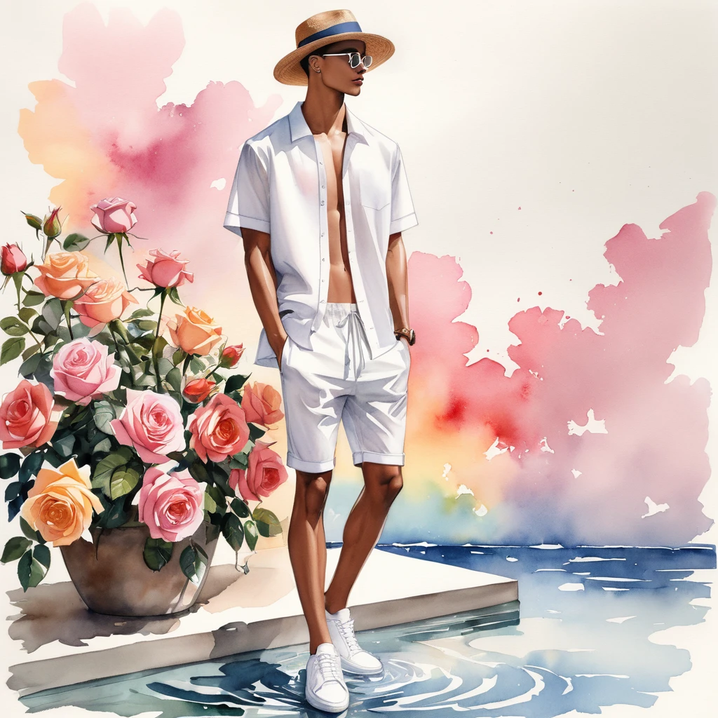 candid fashion illustration of young Mixed race 2man, both aged 18-23 year old, ((showcase fashion look book in White linen outfits)), the design inspired by David Austin Rose, in elegant chic style. The man wears an oversized short-sleeved shirt with a minimal rose embroidery details, paired with relaxed-fit white Short with Drawstring, He completes his look with white sneakers and round glasses. The boyfriend complements him in a skinny fitted speedo in a stripe pattren, semi bulge, He resemble includes an accessorizes with a brimmed straw hat and white sneakers, Captured in a low angle, ((full-body image)), ((roses drawing in water color in background)), fashion sketching, realistic drawing, ((imperfect water color drawing)), fashion look book, fashion illustrator, fashion sketch design, gay, gay couple,