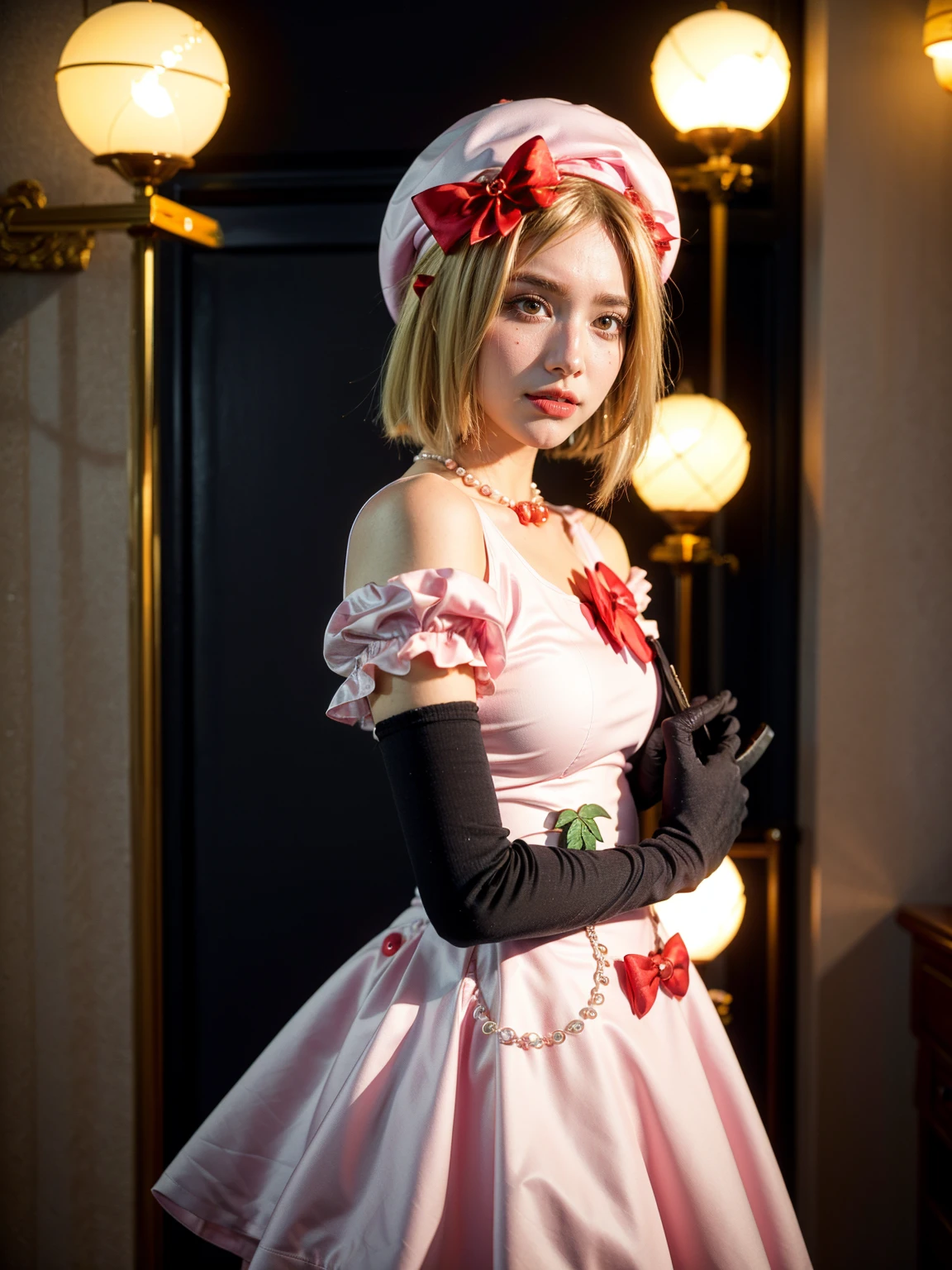 (1 lady), The beautiful, (Best quality at best:1.4), (ultra - detailed), (extremely detailed CG unified 16k), gold blonde hair, very detailed, High-definition RAW color photo, professional photoshooting, amazing face and eyes, cosmetics, (amazingly beautiful girl), ((lambdadelta, tall woman, taller)), ((dress, red bow, pink hat, necklace, gloves, pearl, pink dress)), standing, realistic cinematic face, photo portrait, upper body (shoulders to head), photorealistic, ((realistic natural blonde hair style, red eyes)), gorgeous, extremely beautiful face, perfect model beauty, pout mouth, flirting smile, cleavages, city girl, western, (masterpiece), best quality, high resolution, extremely detailed, blurred background, depth of field, cinematic lighting, clear and well-cared skin