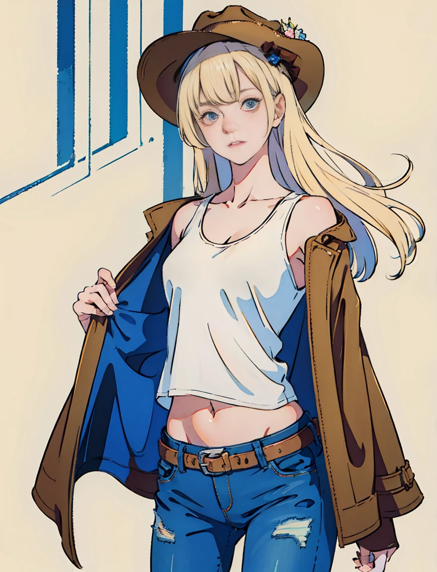 1 Girl, masterpiece, macross delta splash art, Highest quality, White tank top, abdomen, short blue jeans, Small breasts, Cowboy hat, hip gun holster, Very sophisticated gun, Realistic guns, Colt Peacemaker in hand, Point the gun forward, Sheriff Badge, Bullets on the belt, Brown leather duster, Leather overcoat, Fine grain, Sparkling eyes, Beautiful Hands, Extremely elaborate hands, straight hands, Shiny skin, Shiny Hair, blue eyes, Light blonde hair, expensive, Long Hair, Straight hair, whole body, United States Flag