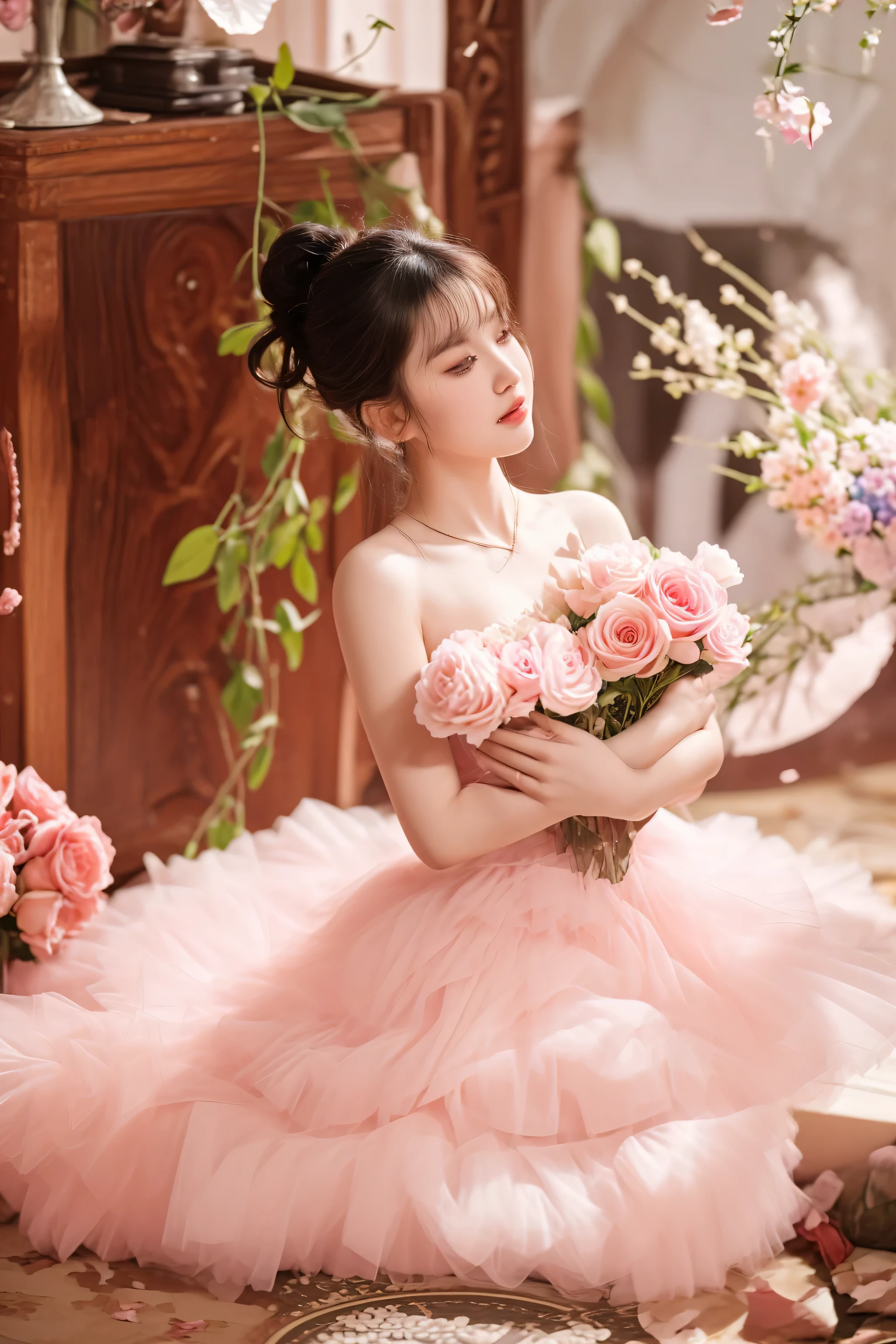 there is a woman sitting on the floor with a bouquet of flowers, wearing pink romantic tutu, pink romantic tutu, prima ballerina in rose garden, wearing a pink romantic tutu, with soft pink colors, girl graceful, lovely languid princess, inspired by Huang Ji, wearing a pink ballroom gown, sha xi, peaceful and graceful, portrait shot, belle delphine