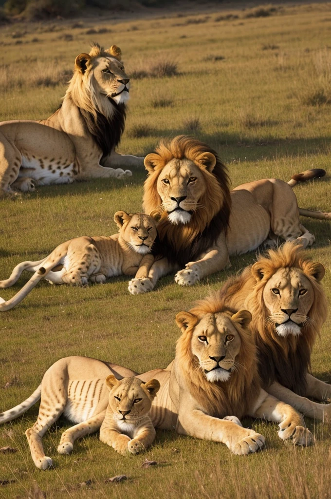 A lion, a lioness and a baby lion lying on the dry grass at dusk