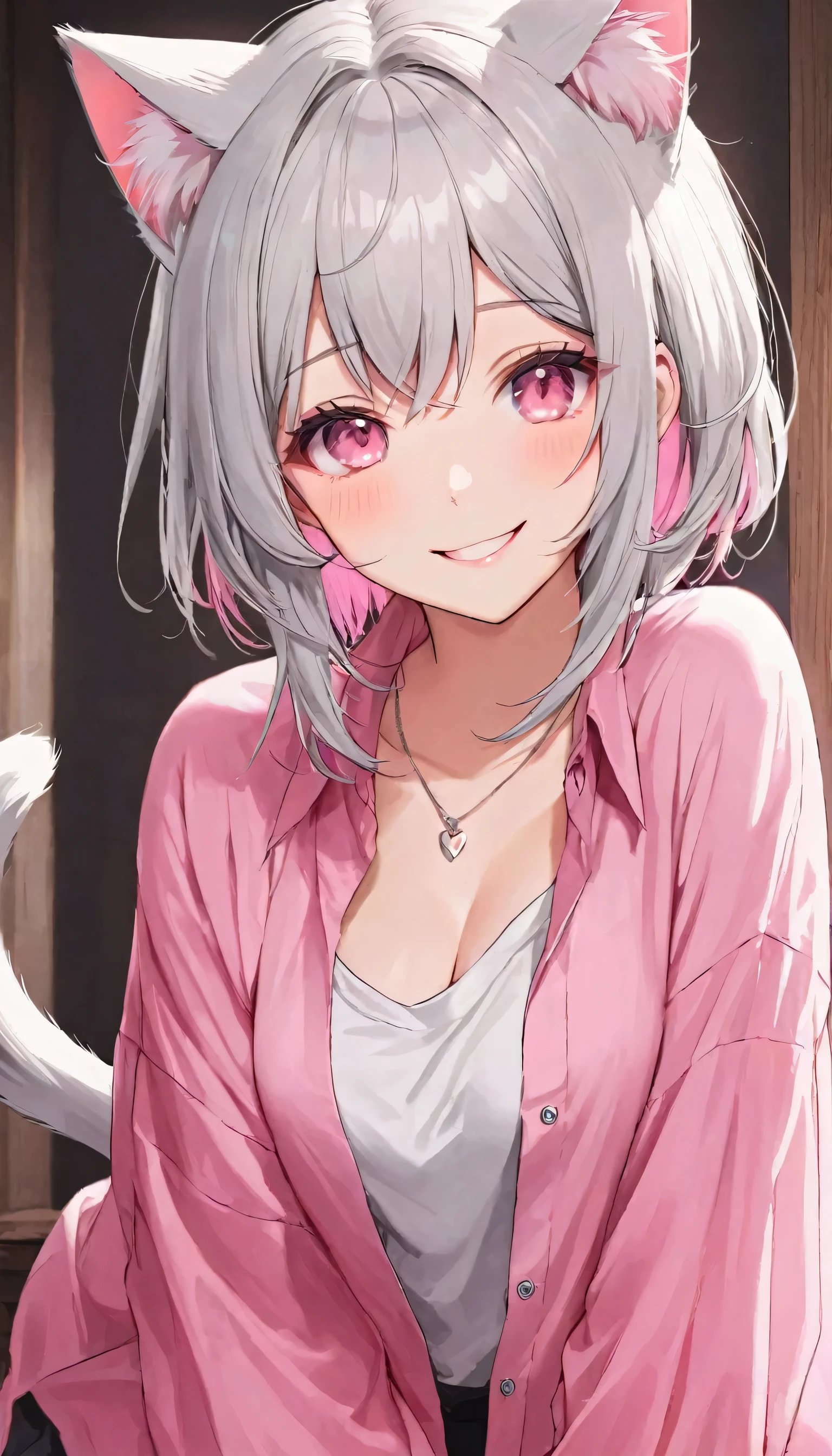 Medium chest,pretty girl,smile,Longing eyes,Cat ear, Beautiful silver hair,Pink inside,Beautiful pink eyes, Oversized shirt,