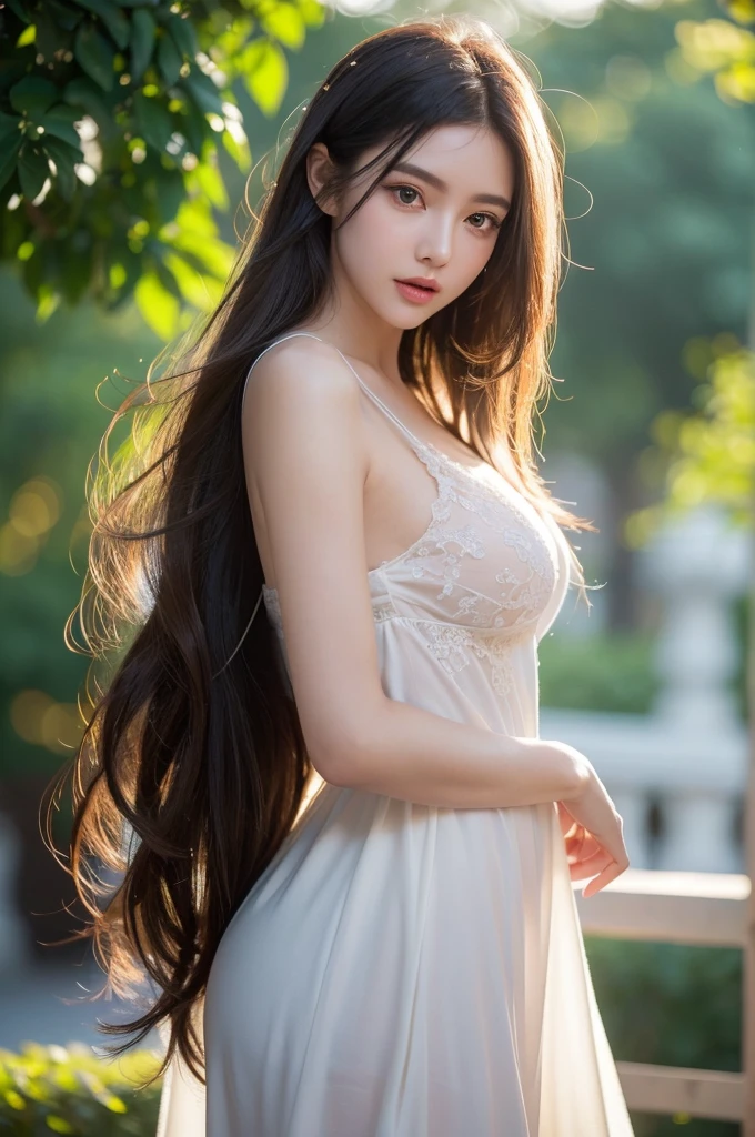(((Surreal))), photo, masterpiece, best quality, Popular on ArtStation, (Long hair:1.2), Delicate and bright eyes, Heavy eye makeup, mascara, Detailed hair, Large Breasts, cleveage, (Delicate skin and pores:1.2),Slim waist, Bokeh, Depth of Field, light, , (Playing with light :1.2), Extremely detailed, Sexy simple long dress,