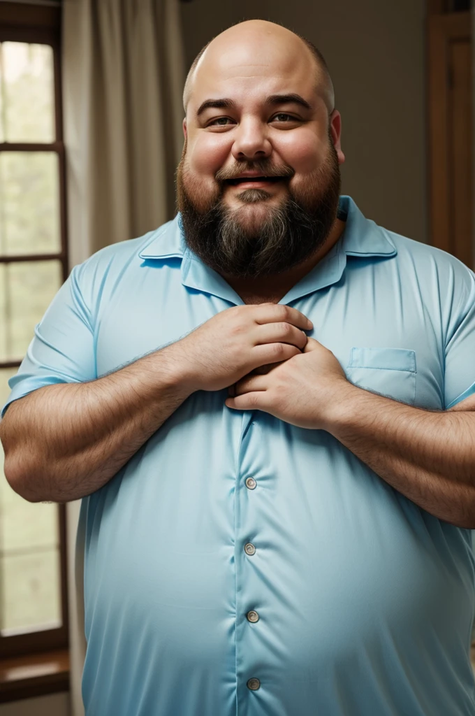 Fat bald man with beard crying in pajamas