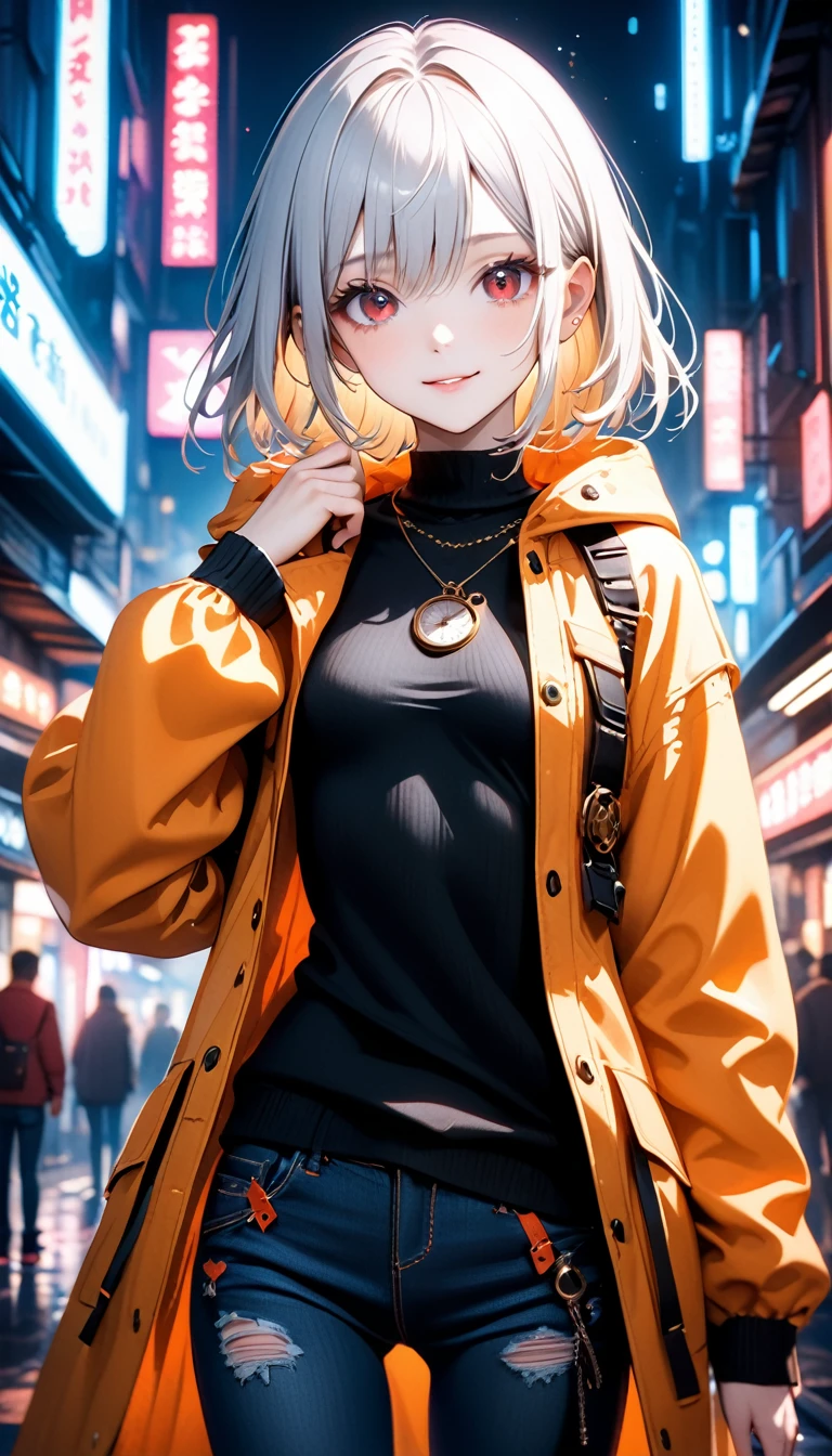 1girl, 15 years old, slim, small breasts, white hair, hairs between eyes, shoulder length hair, pale skin, bright red eye:1.3, white duffle coat and long-sleeve black sweater, open jacket, jeans, gold pocket watches hanging from the neck, BREAK kawaii, smile, cowboy shot, pose, (cyberpunk:1.3), city, neon light, (light particle:1.3), BREAK detailed face, smooth skin, cinematic lighting, volumetric shadow, BREAK 3D CG illustration, score_9, score_8_up, score_7_up, (masterpiece:1.2), (best quality:1.2), (very aesthetic:1.2), (absurdres:1.2), (detailed background), newest, (intricate:1.2), ai-generated, BREAK