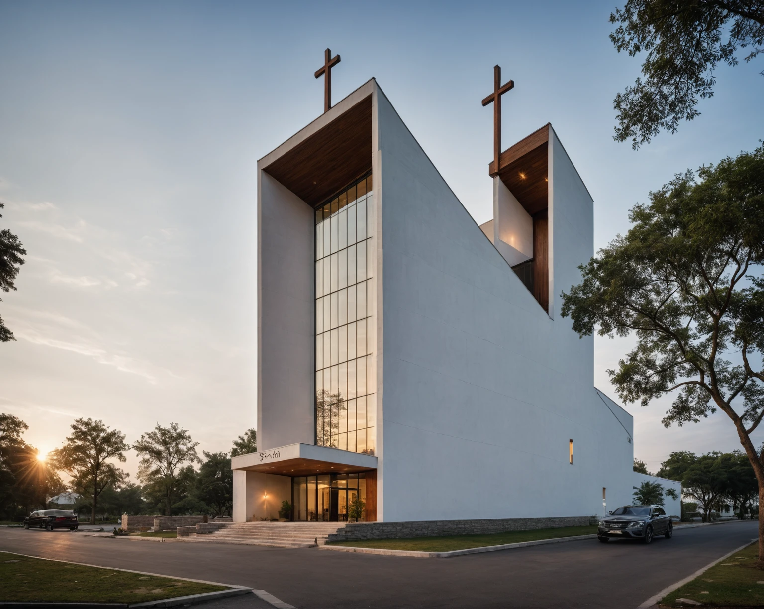 raw photo, best quality, ultra realistic, masterpiece, best quality skin, photography hd, dslr,
tcs, httlvn, modern church, road, people, house, facade design, outdoors, church, white walls, cross on top, 
Dusk, sunshine, 
View from a tree, dof view, 