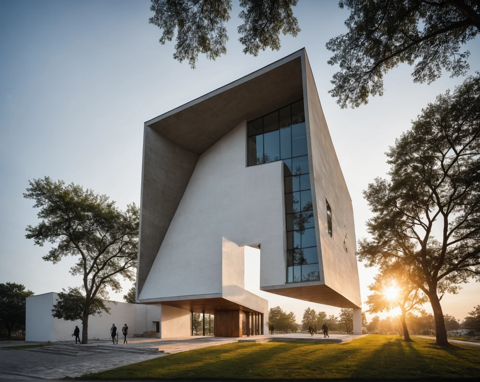 raw photo, best quality, ultra realistic, masterpiece, best quality skin, photography hd, dslr,
tcs, httlvn, modern church, road, people, house, facade design, outdoors, church, white walls, cross on top, 
Dusk, sunshine, 
View from a tree, dof view, 