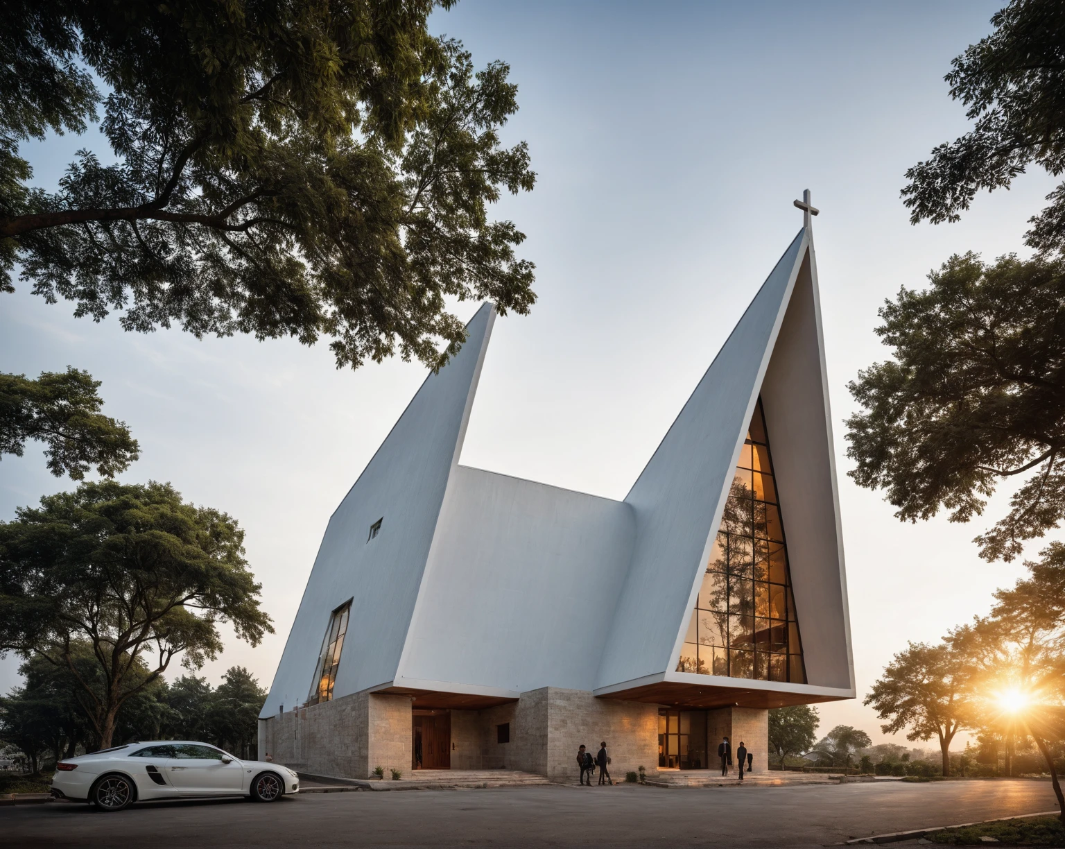 raw photo, best quality, ultra realistic, masterpiece, best quality skin, photography hd, dslr,
tcs, httlvn, modern church, road, people, house, facade design, outdoors, church, white walls, cross on top,
Dusk, sunshine,
View from a tree, dof view,