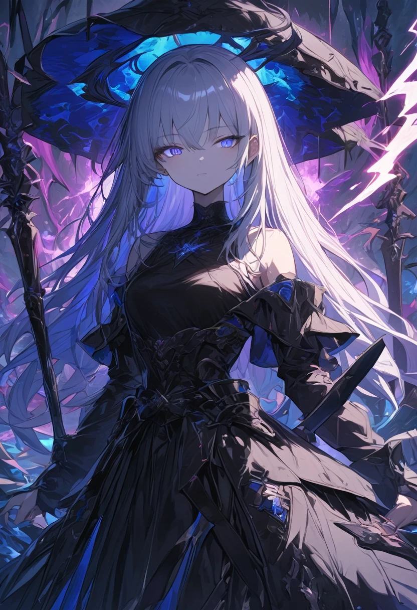 elementary, Shadow Surrounding Girl, lightning, Green Aura, Red aura, Purple aura, Flames surrounding the girl, masterpiece, Dark Theme, Highest quality, Maximum details, Very fine eye, Professional coloring, cinematic lightning, Remaining, Written boundary depth, Backlight, One Girl, Young girl, Silver Hair, Long Hair, Black glowing halo, Shining blue sea, Blue Flame, Fantasy style costumes, Black long coat, shirt, Black long pants, Swinging a thin black long sword, Expressionless, Purple left eye and blue right eye, Odd Eye, Glowing Eyes