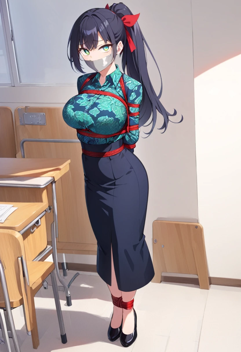 score_9, score_8_up, source_anime, 1girl, solo, long hair,black hair, hair ribbon, green eyes,high-waist skirt, The uniform features a vibrant, green batik patterned shirt with long sleeves. A simple black belt cinches the waist.,long skirt, blue navy skirt,, long sleeves, , standing, indoors, classroom,school, shoes, (bound wirsts), (arms behind back), (tapegag, tape gag), dramatic, (looking at viewer), (detailed pupils:1.3),pencil skirt ,red rope, thick rope,normal ,ponytail hair