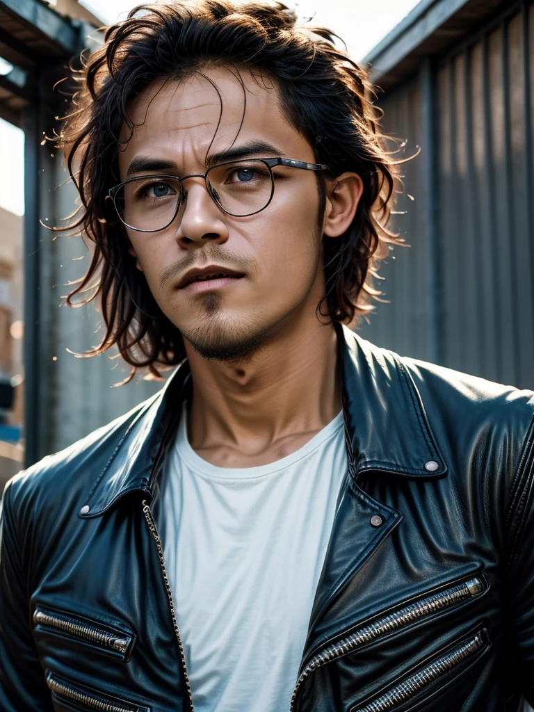 (masterpiece, best quality:1.2), 1man, close up of a man wearing glasses and a leather jacket, CALM look, intense sunlight, PERFECT eyes, finesse, intense knowledge, intense lighting, intense JOYFUL, NATURAL SKIN, intensely focused, hypermasculine, intense color, intricat, HIGH QUAITY, frequency indie album cover