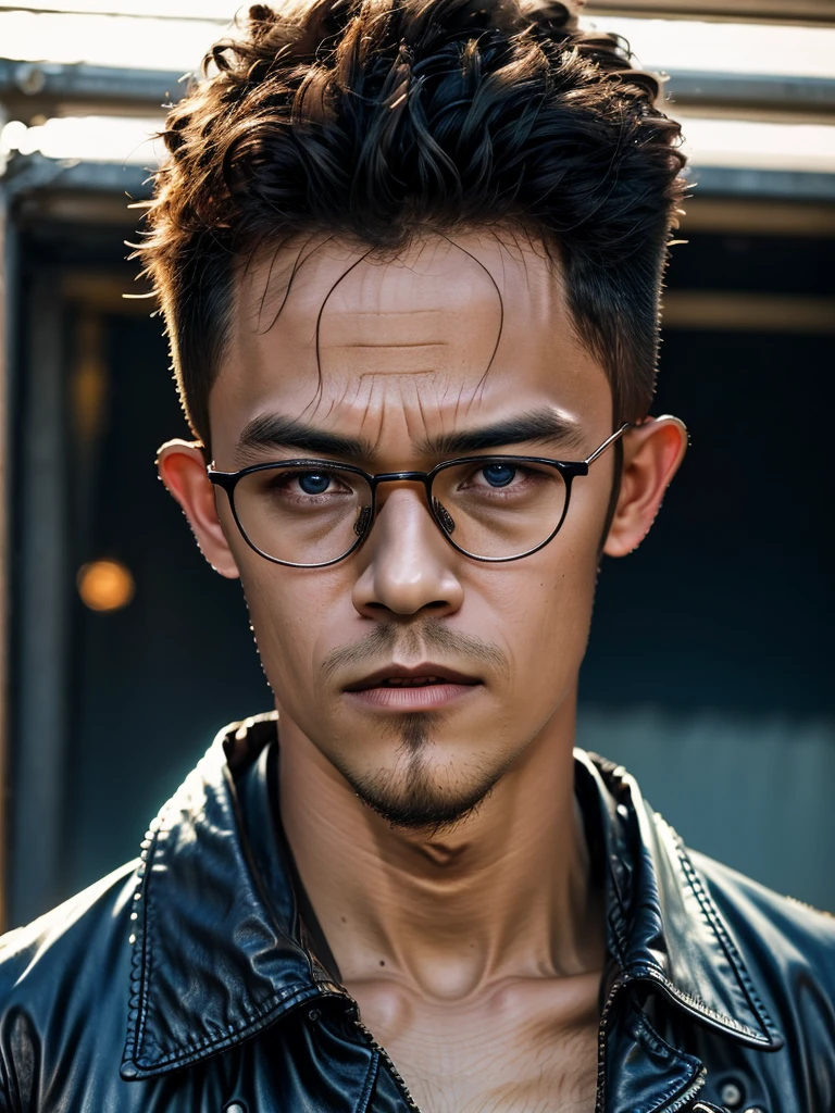 (masterpiece, best quality:1.2), 1man, close up of a man wearing glasses and a leather jacket, CALM look, intense sunlight, PERFECT eyes, finesse, intense knowledge, intense lighting, intense JOYFUL, NATURAL SKIN, intensely focused, hypermasculine, intense color, intricat, HIGH QUAITY, frequency indie album cover