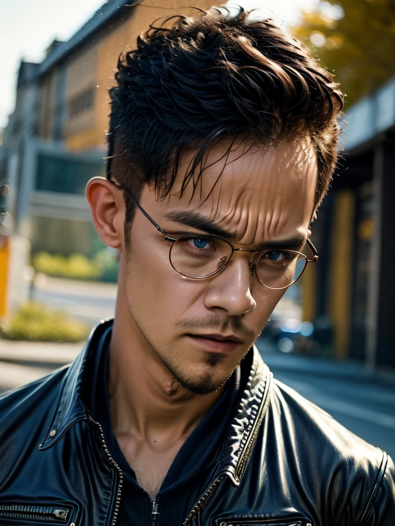 (masterpiece, best quality:1.2), 1man, close up of a man wearing glasses and a leather jacket, CALM look, intense sunlight, PERFECT eyes, finesse, intense knowledge, intense lighting, intense JOYFUL, NATURAL SKIN, intensely focused, hypermasculine, intense color, intricat, HIGH QUAITY, frequency indie album cover