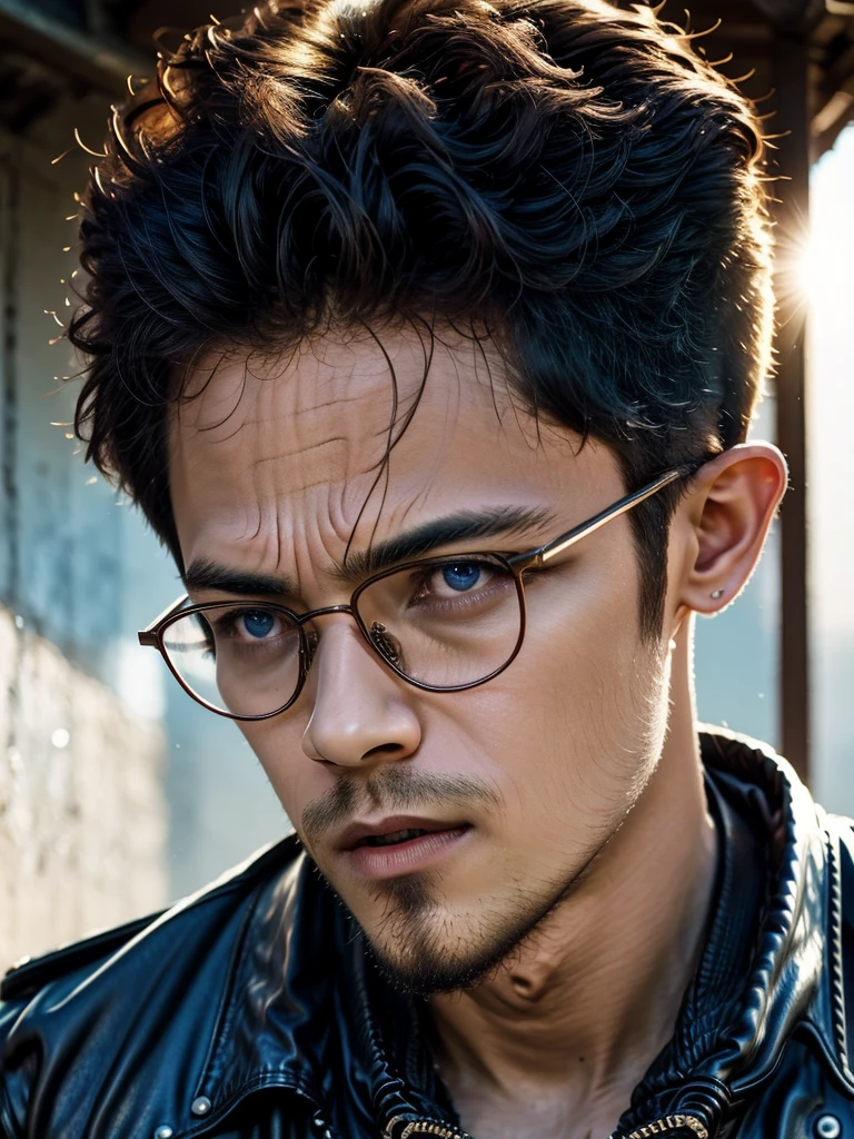 (masterpiece, best quality:1.2), 1man, close up of a man wearing glasses and a leather jacket, CALM look, intense sunlight, PERFECT eyes, finesse, intense knowledge, intense lighting, intense JOYFUL, NATURAL SKIN, intensely focused, hypermasculine, intense color, intricat, HIGH QUAITY, frequency indie album cover