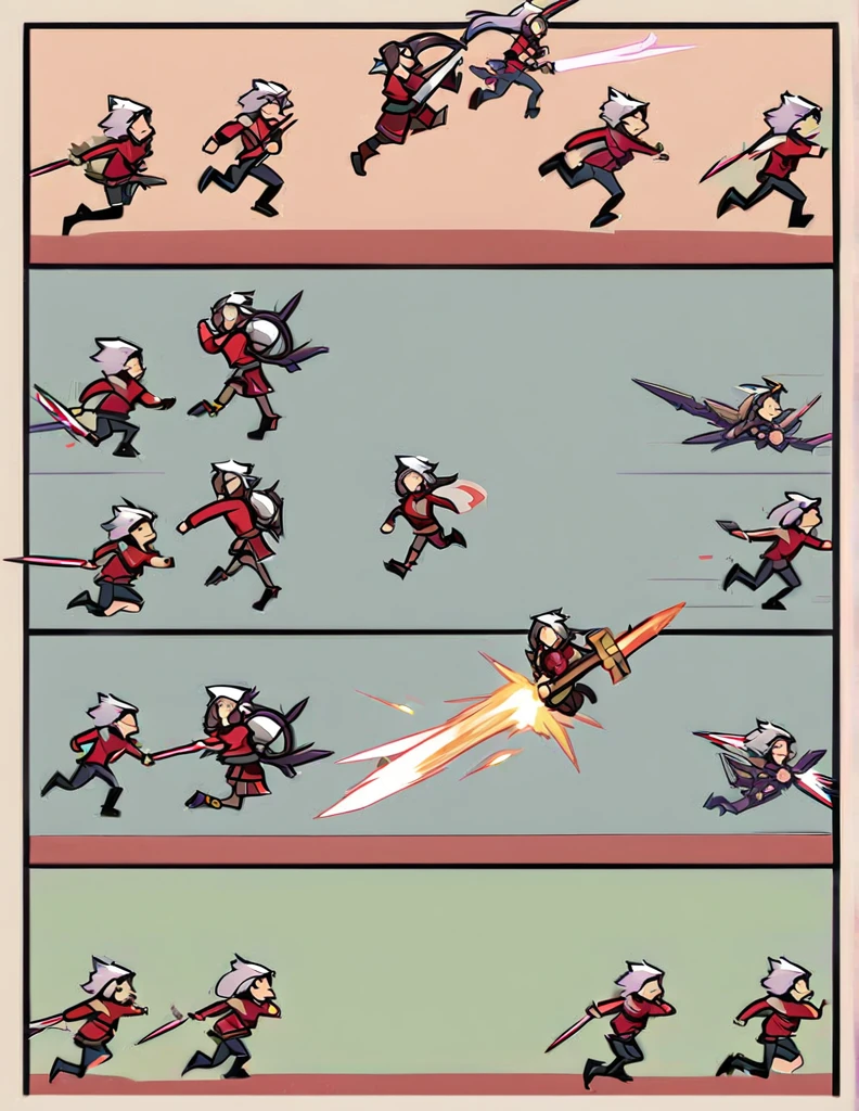 Create a sprite sheet for character animations that includes frames for movement, running, jumping, sword attack, spear attack, and bow attack. of an hudied assasin