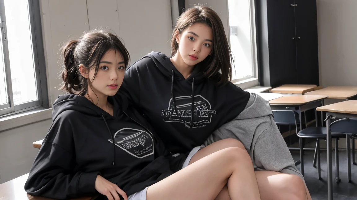 deux femmes ensemble de 18 ans sexy et mince , gray short sleeve hoodie , salle de classe, se touche,position sey,sensuel