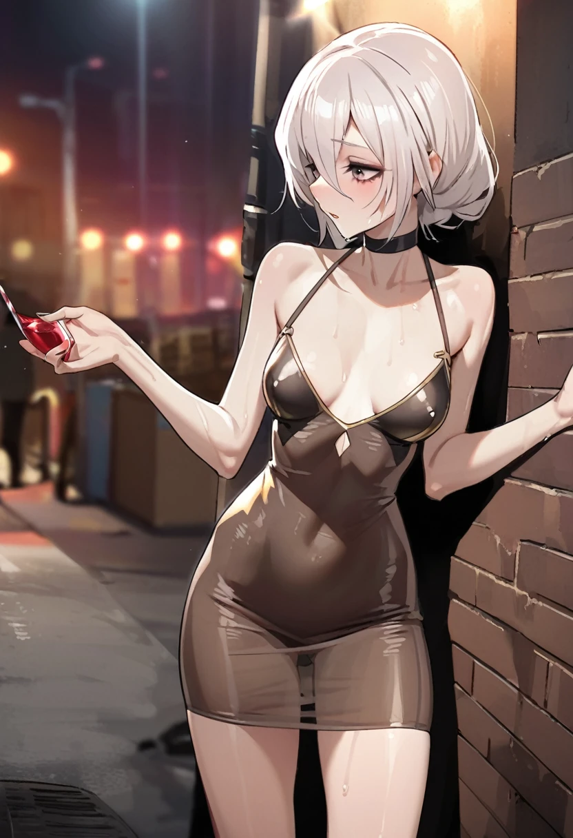 wet skinny 17 year old prostitute with white hair in a tight dress