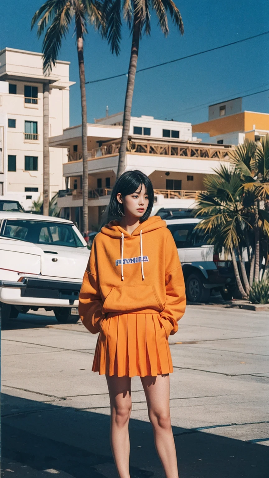 long shot portrait of cute 23 yo girl ,wear ((orange color oversized_hoodie)), wear ((purple tennis skirt)),looking front,Best Quality,Masterpiece,Ultra High Resolution,(Realisticity:1.4),Original Photo, 1Girl, light leak,ultra high resolution,UHD,beautiful, (black bob hair), almond eye, no makeup, in front of (80's mondrian architecture motel), (realistic:1.2), (surreal:1.3), (very detailed:1.1), ((masterpiece)),summer, blue sky, palm trees,sunny, los angles vibes,film camera, 800mm lens,style of Philip Lorca diCorcia