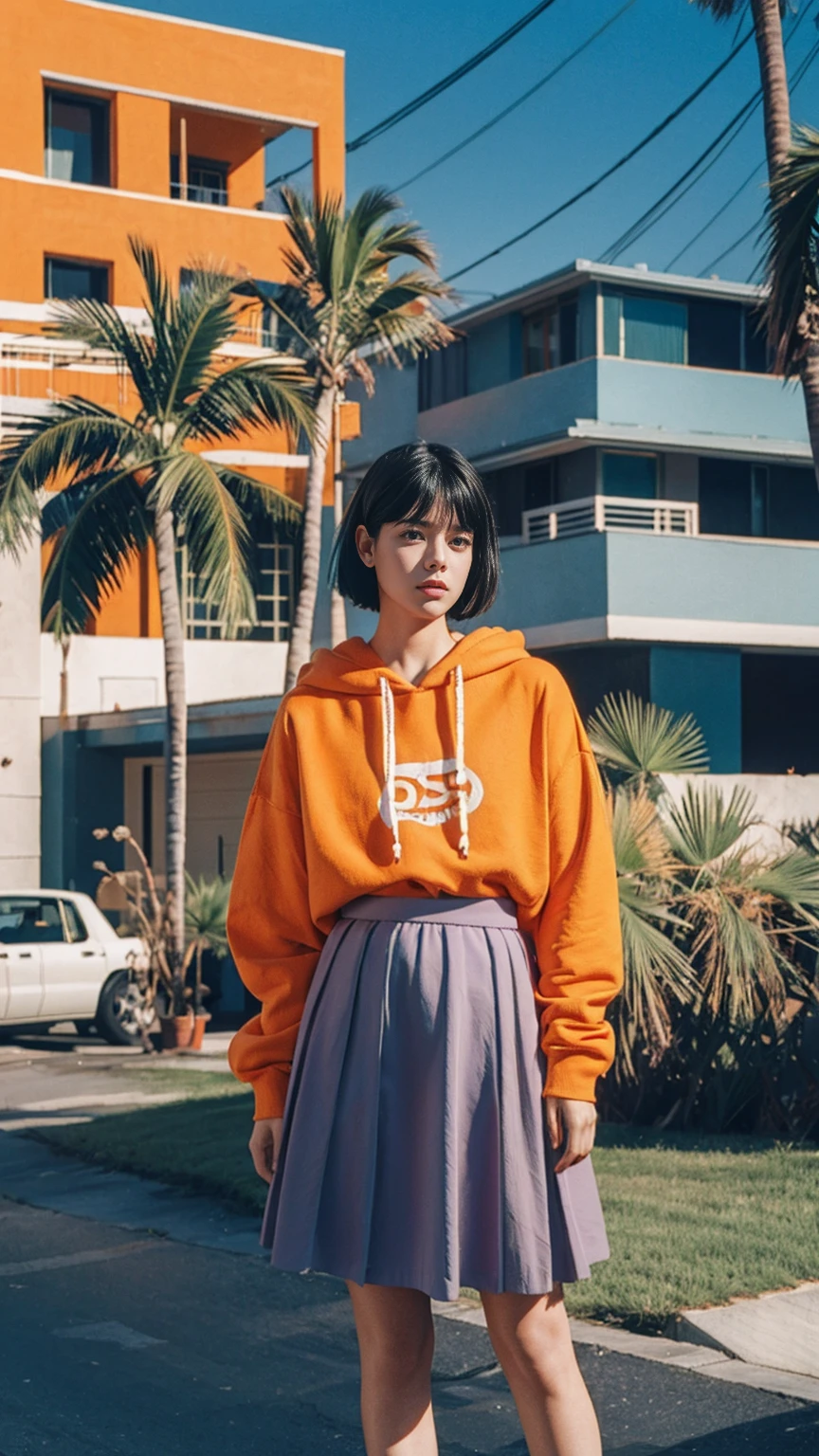 long shot portrait of cute 23 yo girl ,wear ((orange color oversized_hoodie)), wear ((purple tennis skirt)),looking front,Best Quality,Masterpiece,Ultra High Resolution,(Realisticity:1.4),Original Photo, 1Girl, light leak,ultra high resolution,UHD,beautiful, (black bob hair), almond eye, no makeup, in front of (80's mondrian architecture motel), (realistic:1.2), (surreal:1.3), (very detailed:1.1), ((masterpiece)),summer, blue sky, palm trees,sunny, los angles vibes,film camera, 800mm lens,style of Philip Lorca diCorcia