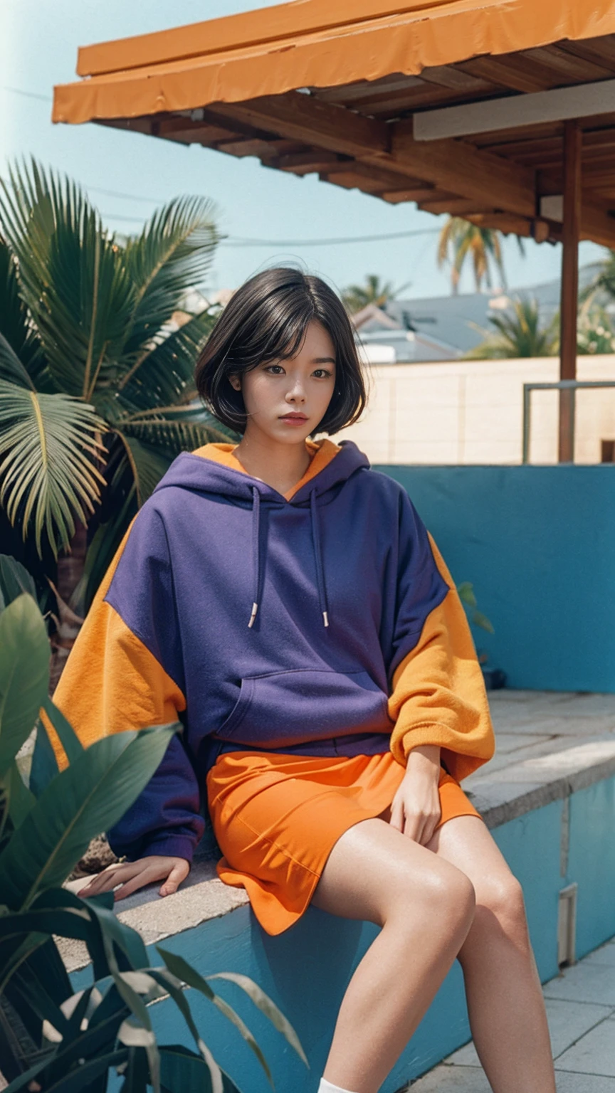 long shot portrait of cute 23 yo girl ,wear ((orange color oversized_hoodie)), wear ((purple tennis skirt)),looking front,Best Quality,Masterpiece,Ultra High Resolution,(Realisticity:1.4),Original Photo, 1Girl, light leak,ultra high resolution,UHD,beautiful, (black bob hair), almond eye, no makeup, in front of (80's mondrian architecture motel), (realistic:1.2), (surreal:1.3), (very detailed:1.1), ((masterpiece)),summer, blue sky, palm trees,sunny, los angles vibes,film camera, 800mm lens,style of Philip Lorca diCorcia