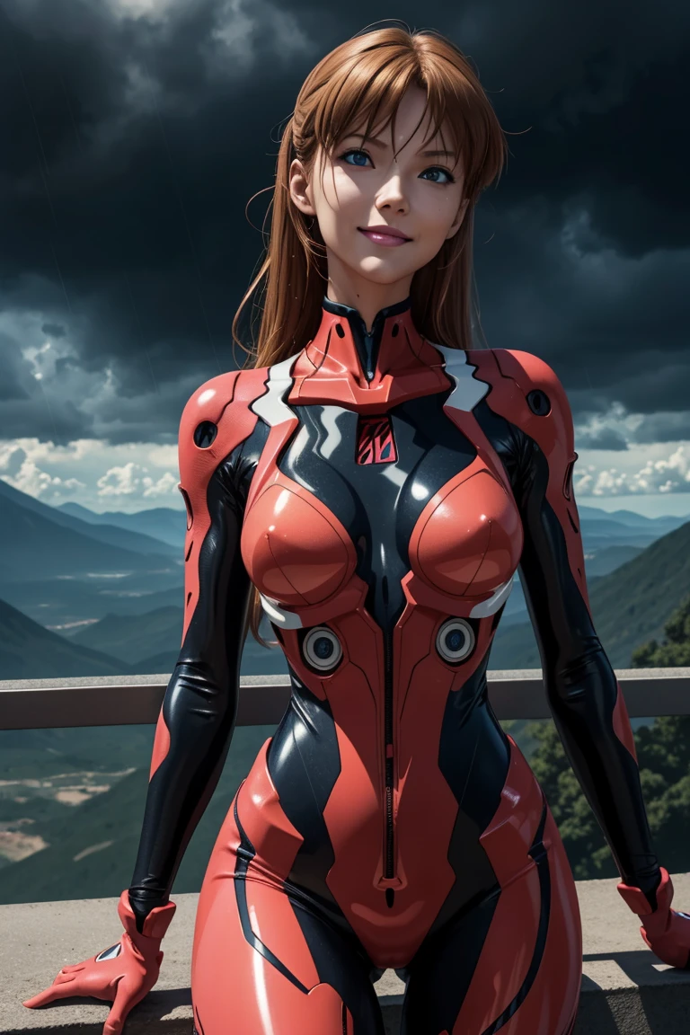 Evangelion,Asuka Langley,blue eyes,Plug Suit,Bodysuits,Interface Headset,赤いBodysuits,Ultra HD,super high quality,masterpiece,Digital SLR,Photorealistic,Detailed details,Vivid details,Depicted in detail,A detailed face,Detailed details,Super Detail,Realistic skin texture,Anatomical basis,Perfect Anatomy,Anatomically correct hand,Anatomically correct fingers,Complex 3D rendering,Sexy pose,Rainy Sky,Beautiful scenery,Fantastic rainy sky,Picturesque,Pink Lips,smile,