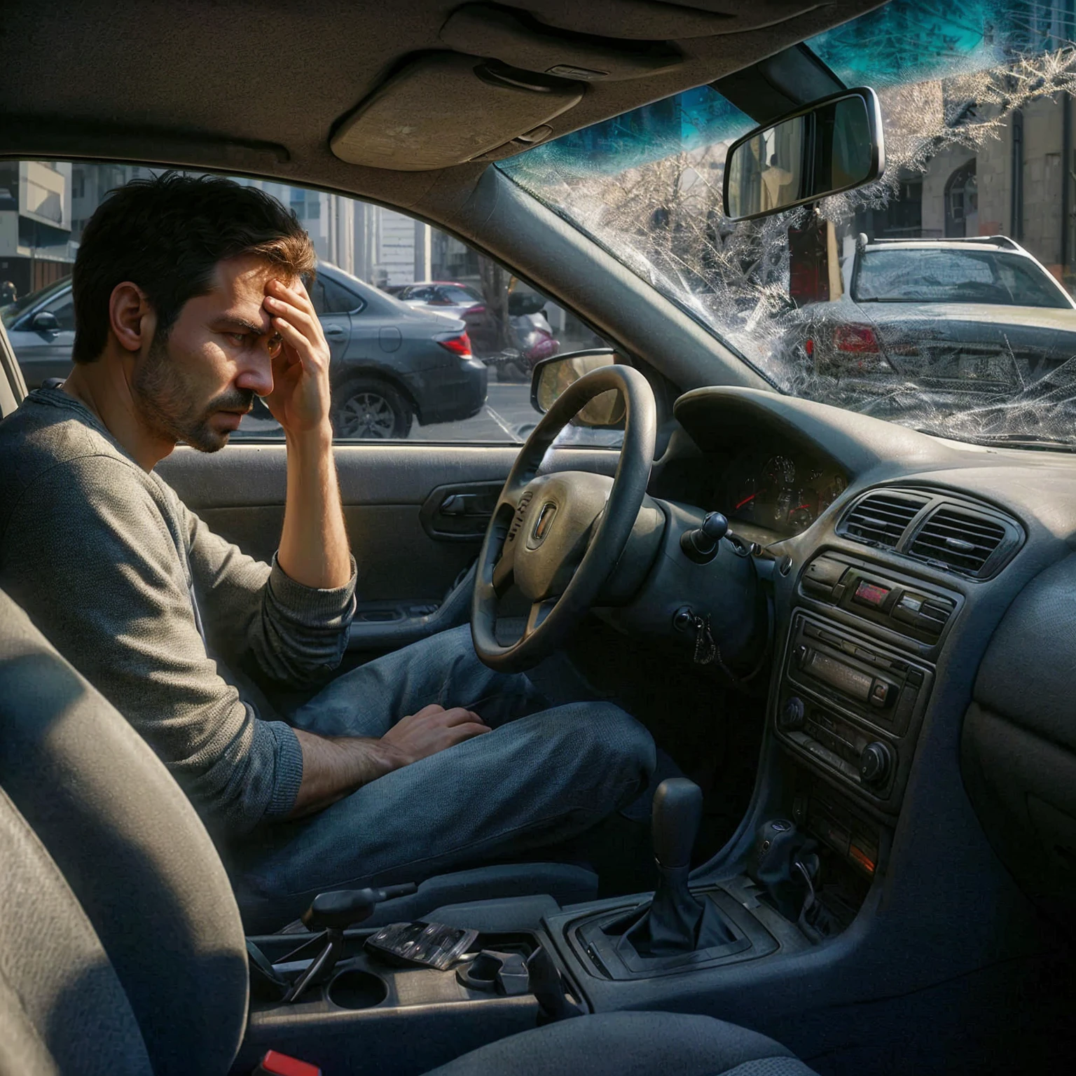 arafed man sitting in a car with his head in his hands, photo manipulation, Sergey Zabelin, photo manipulation, creative photo manipulation, hyperrealism photography, Alexey Egorov, Lt. Alexander Kucharsky, photography alexei gurylev, hyperrealism conceptual art, Hyperrealistic photography, Lt. Adam Marczyński, Photographic hyperrealism