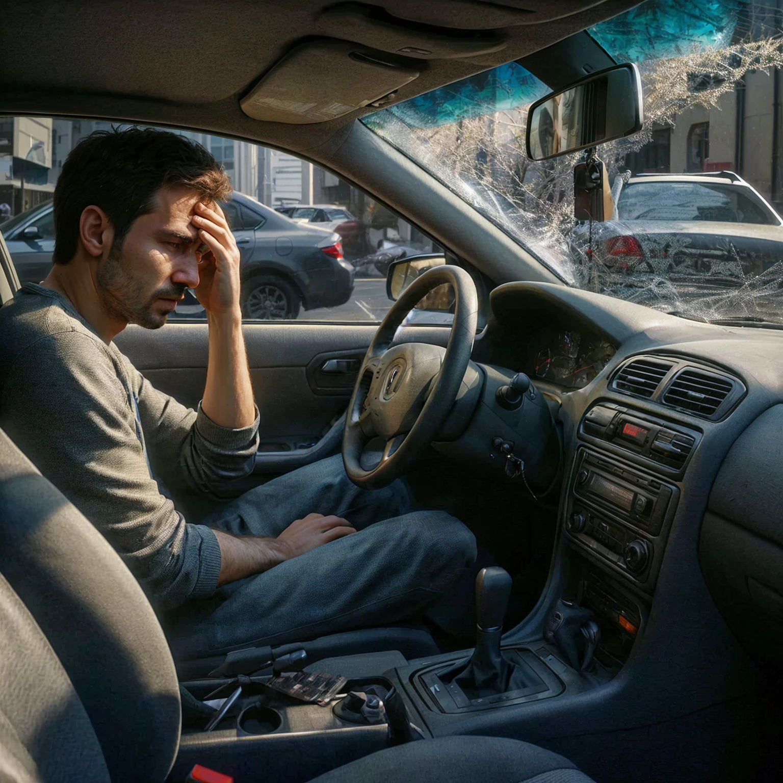 arafed man sitting in a car with his head in his hands, photo manipulation, Sergey Zabelin, photo manipulation, creative photo manipulation, hyperrealism photography, Alexey Egorov, Lt. Alexander Kucharsky, photography alexei gurylev, hyperrealism conceptual art, Hyperrealistic photography, Lt. Adam Marczyński, Photographic hyperrealism